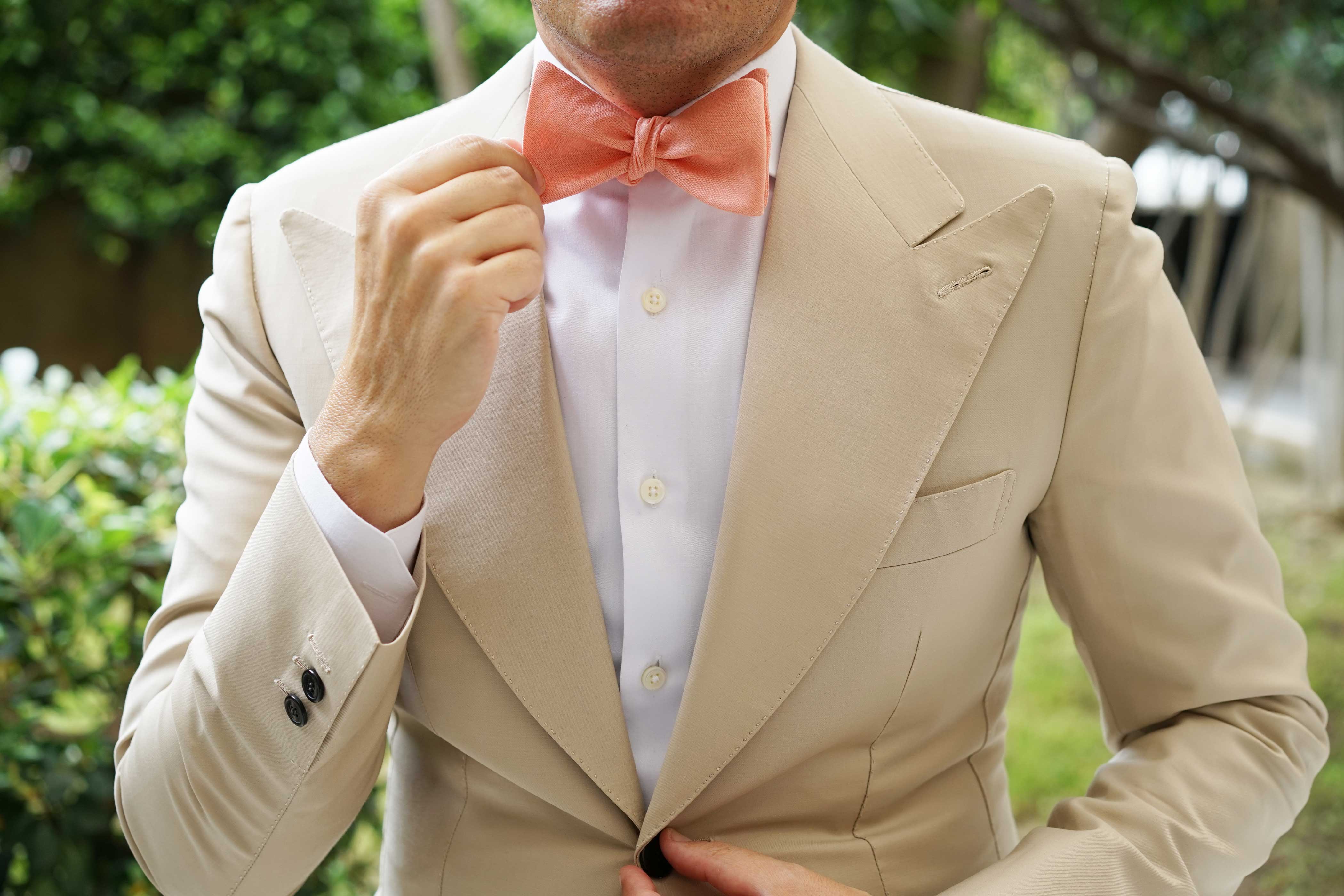 Apricot Peach Slub Linen Self Tie Bow Tie - Image 5