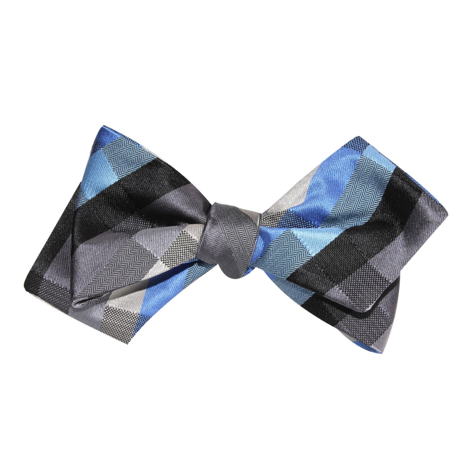 Black Grey Silver Blue Pattern Self Tie Diamond Tip Bow Tie - Image 4