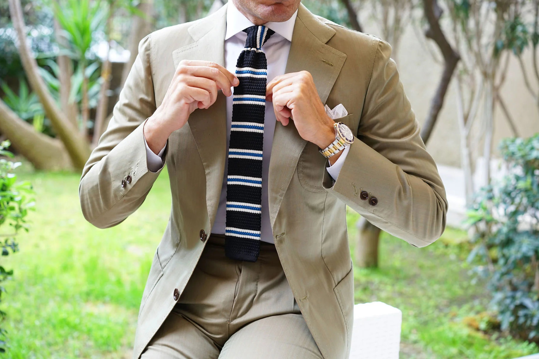 Black Knitted Tie with White & Blue Teal Stripes - Image 8