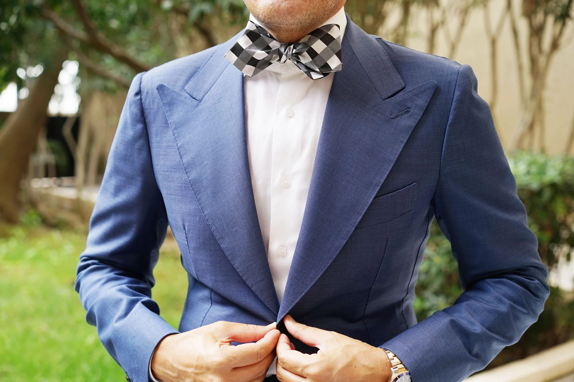 Black White Grey Checkered Self Tie Diamond Tip Bow Tie - Image 5