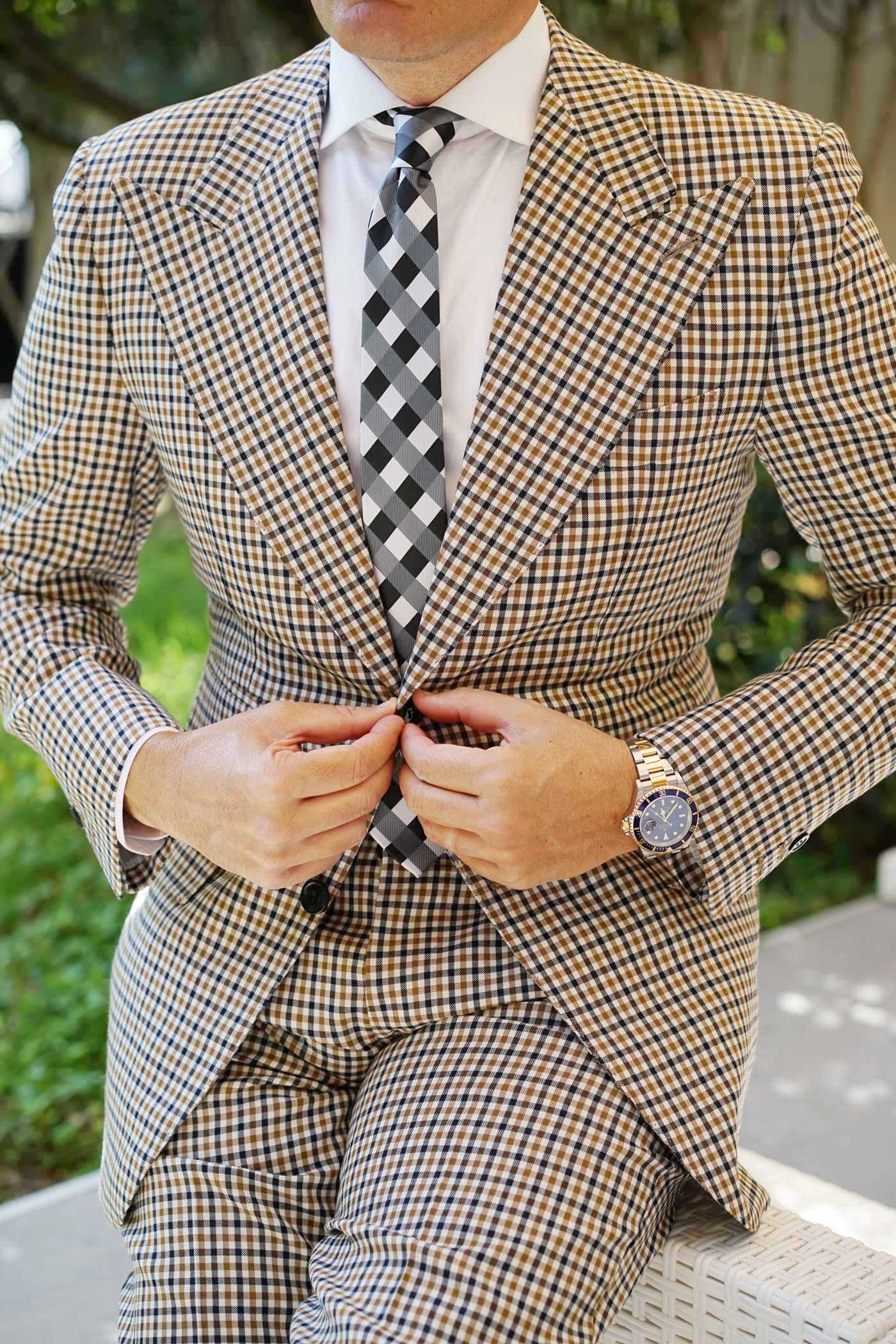 Black White Grey Checkered Skinny Tie - Image 6