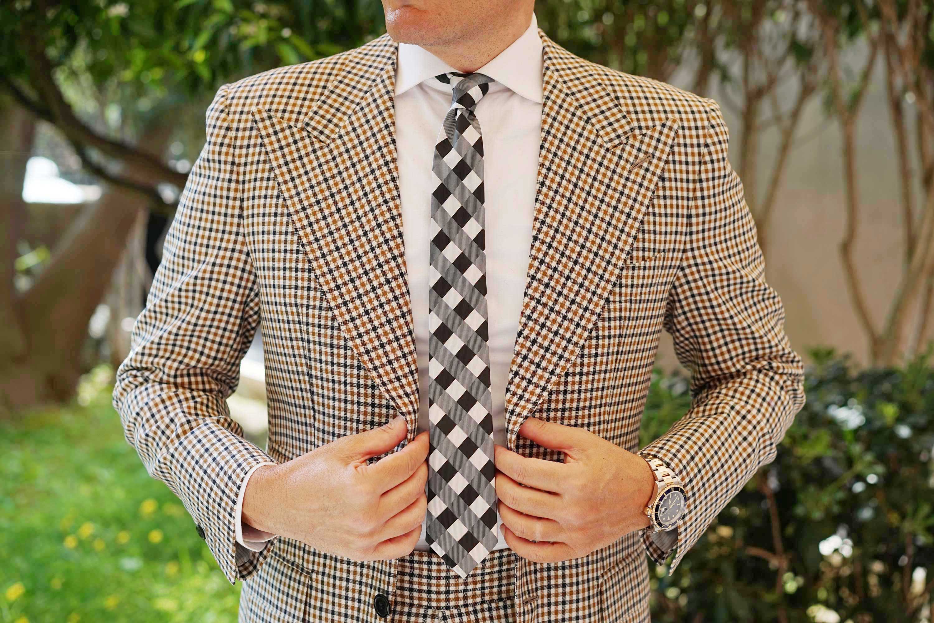 Black White Grey Checkered Skinny Tie - Image 8