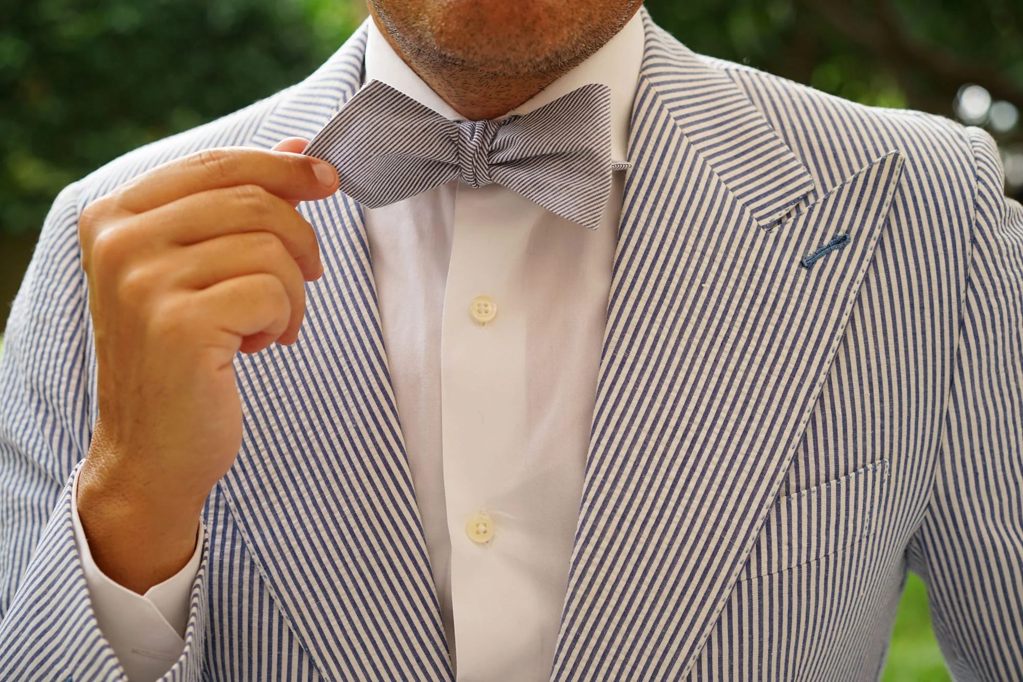 French Pinstripe Cotton Self Tie Diamond Bow Tie - Image 7
