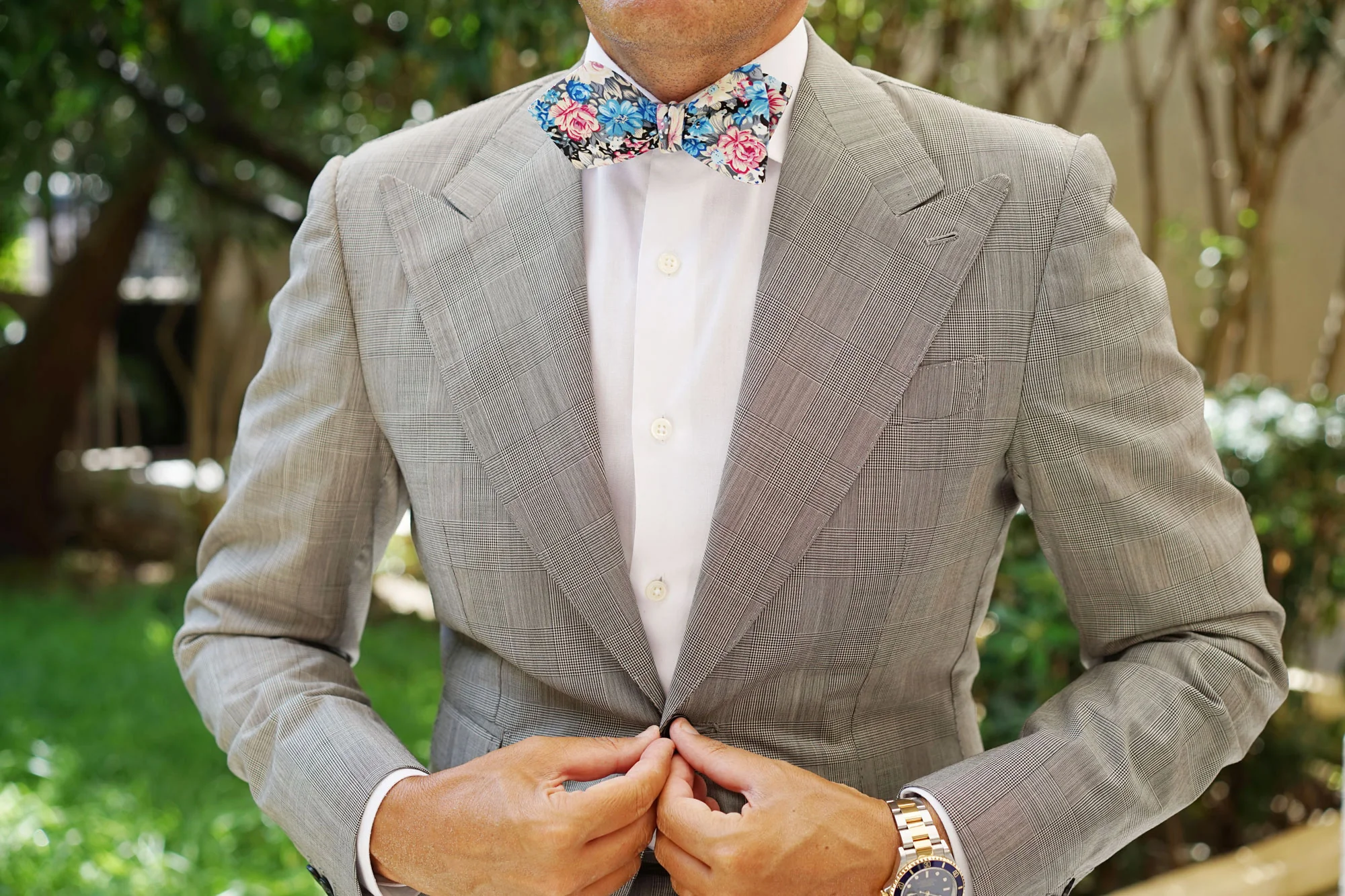 Blue Water Lilies Floral Diamond Self Bow Tie - Image 4