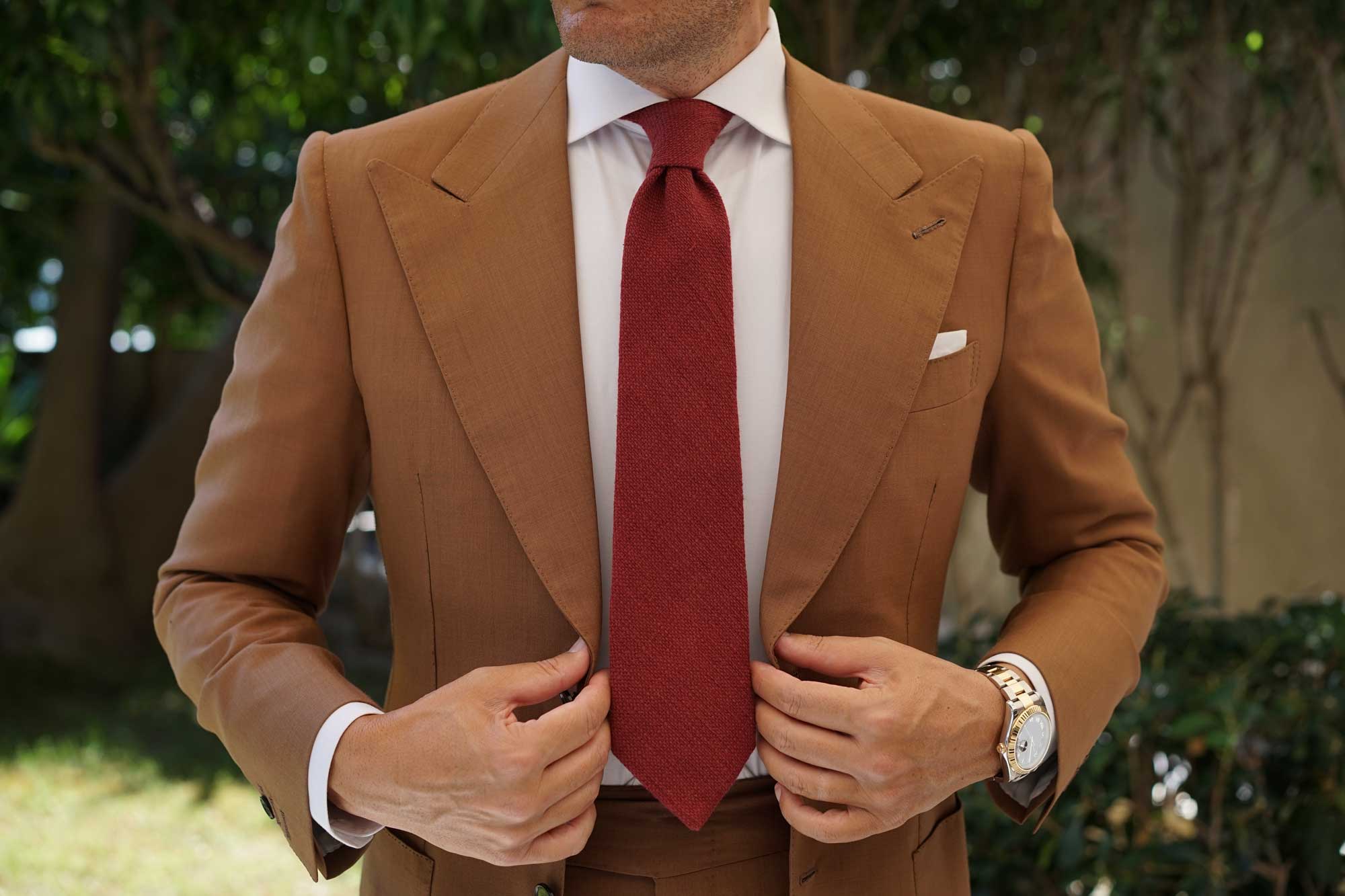 Burnt Burgundy Basket Weave Linen Necktie - Image 4