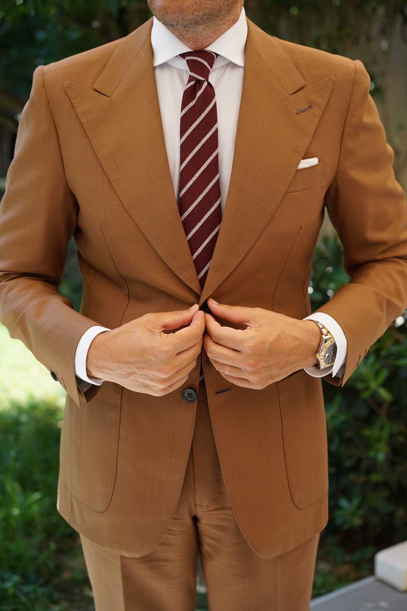 Columbus Burnt Burgundy Stripe Linen Skinny Tie - Image 8