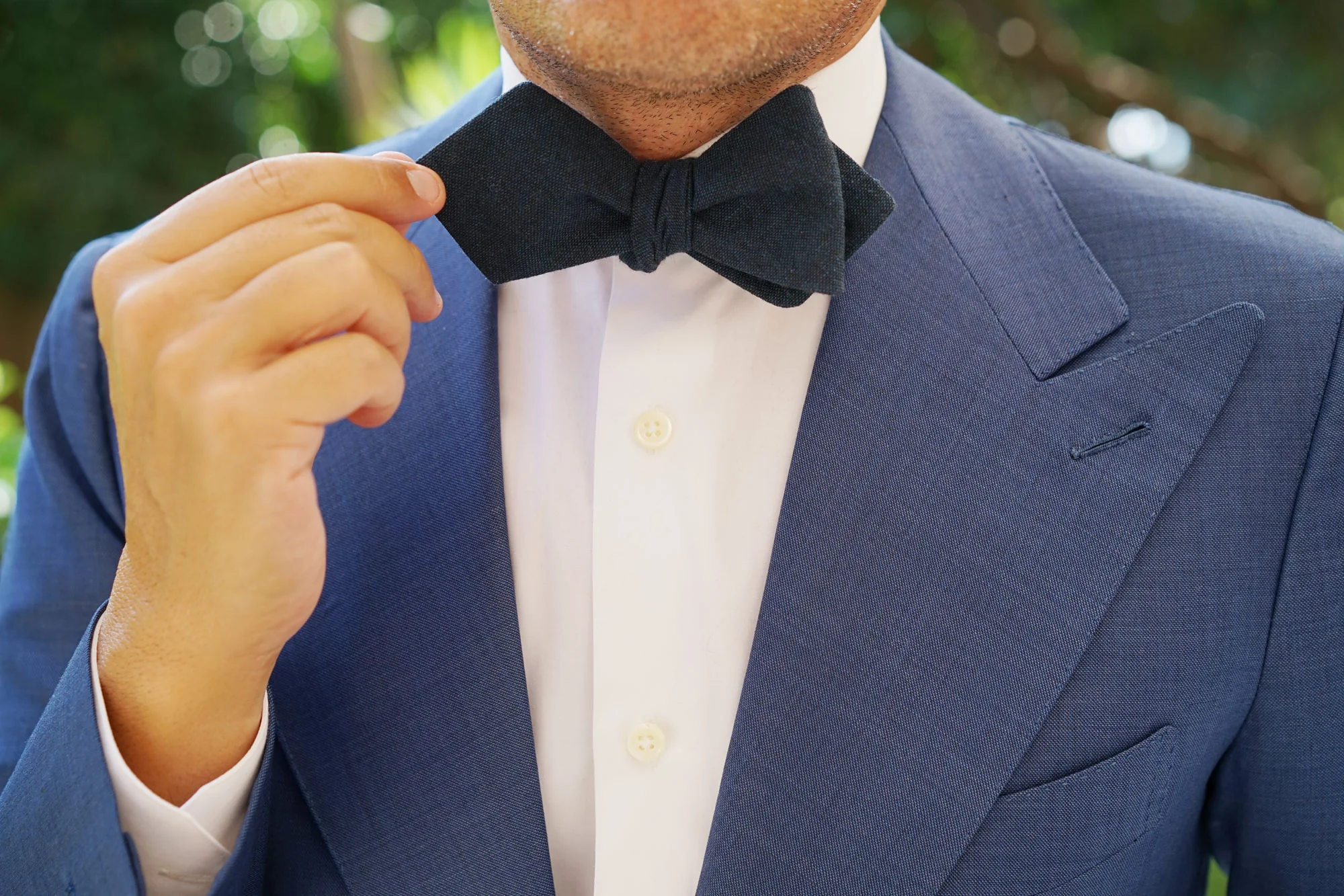 Don Quixote Navy Textured Linen Diamond Self Bow Tie - Image 8