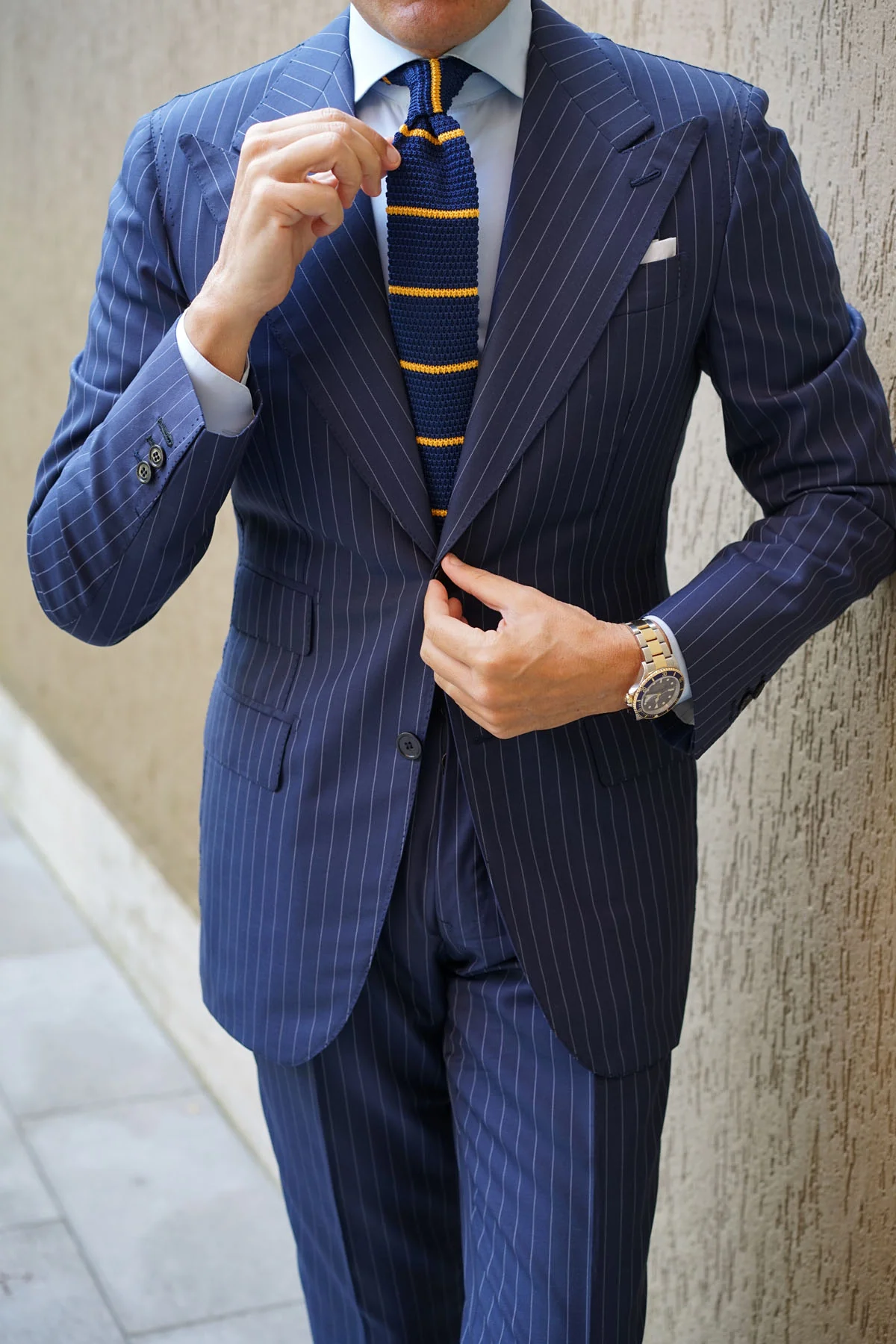 Gecko Navy Blue with Yellow Stripes Knitted Tie - Image 11