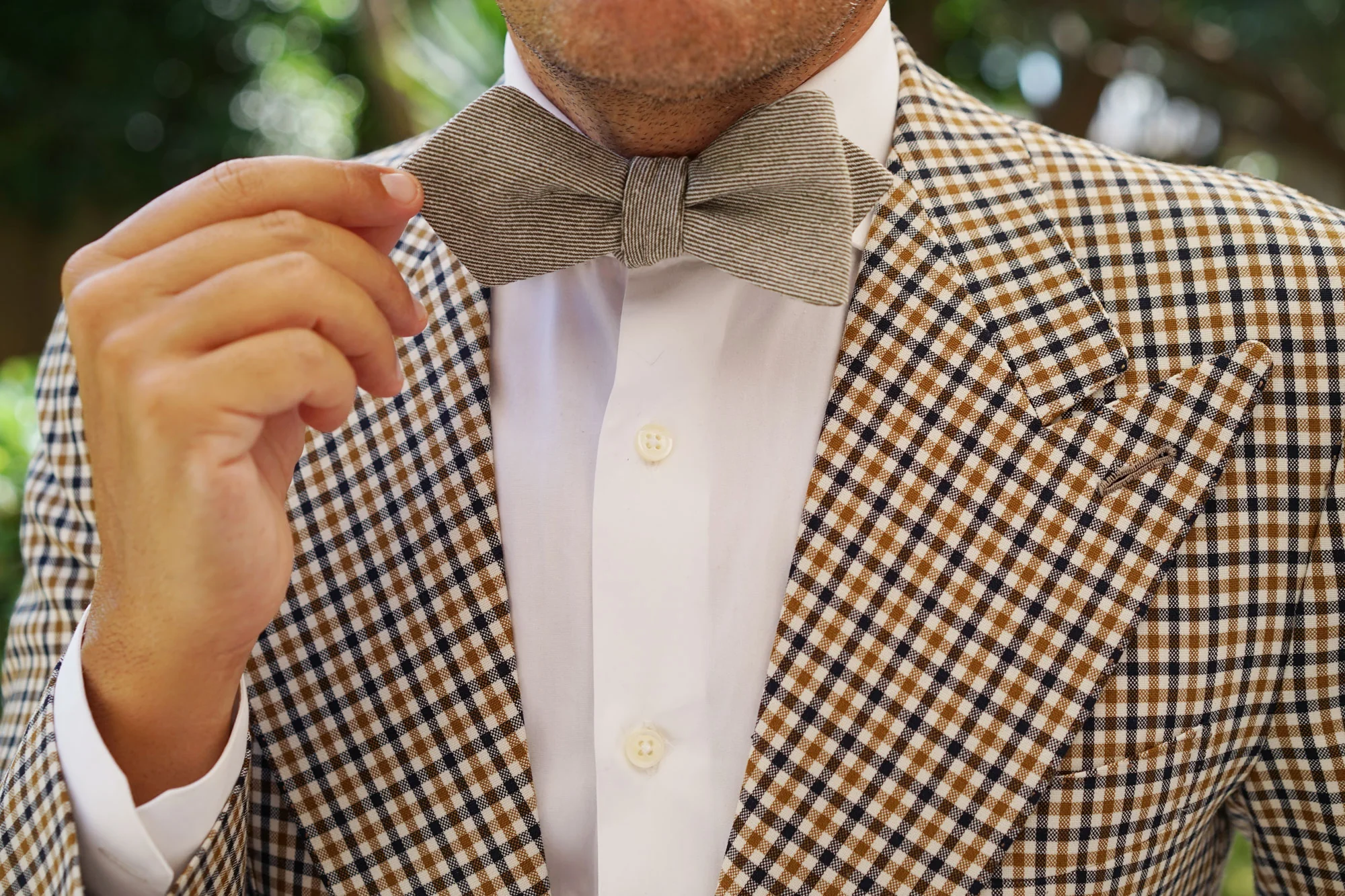 Green & White Twill Stripe Linen Self Tie Diamond Tip Bow Tie - Image 10
