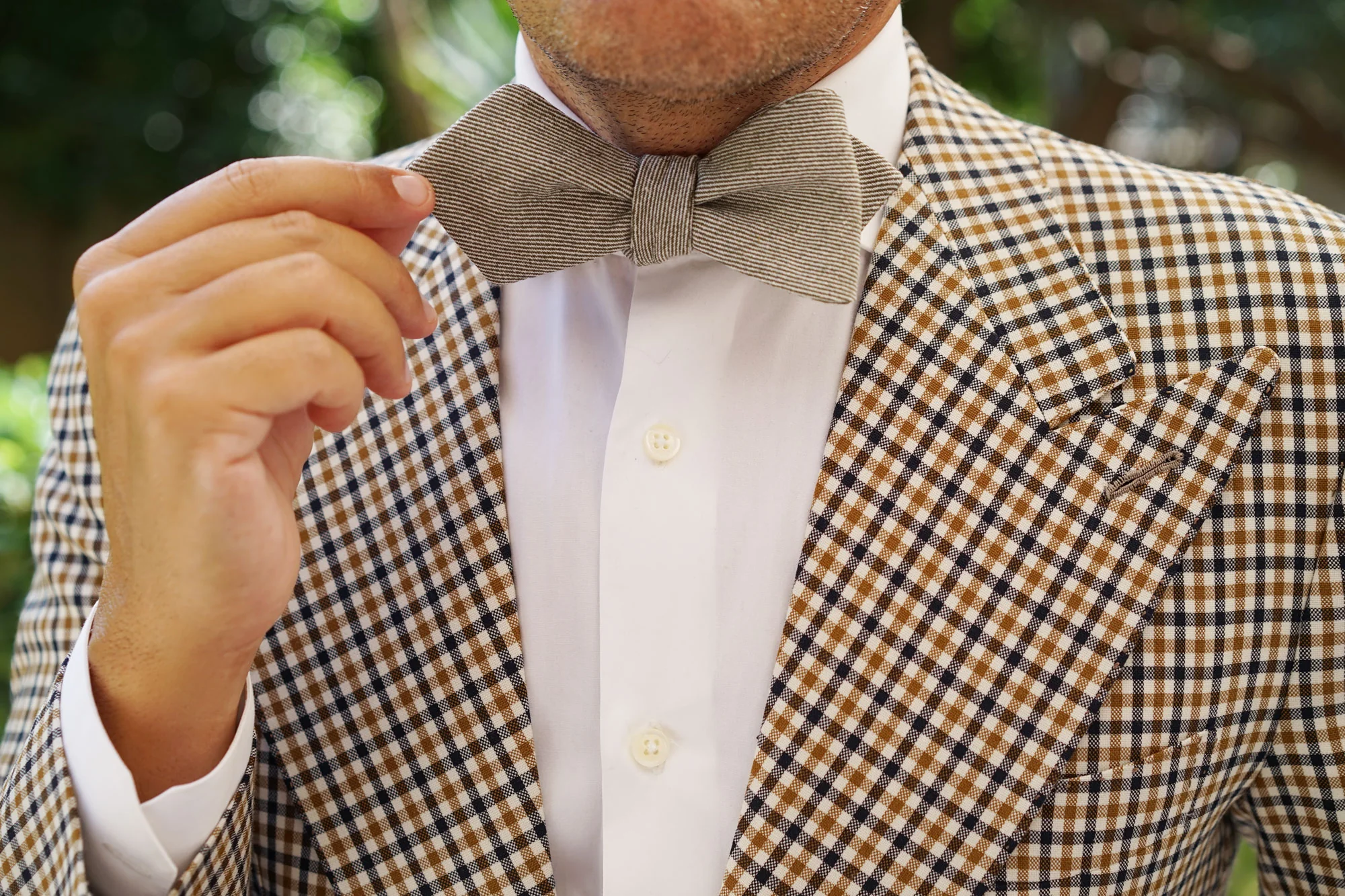 Green & White Twill Stripe Linen Self Tie Diamond Tip Bow Tie - Image 11