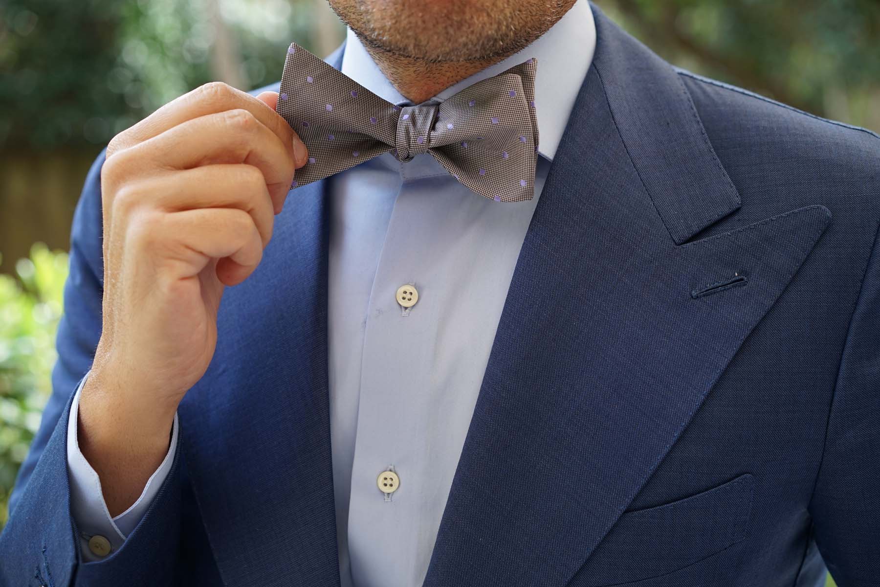 Grey with Lavender Purple Polka Dots Self Tie Bow Tie - Image 9