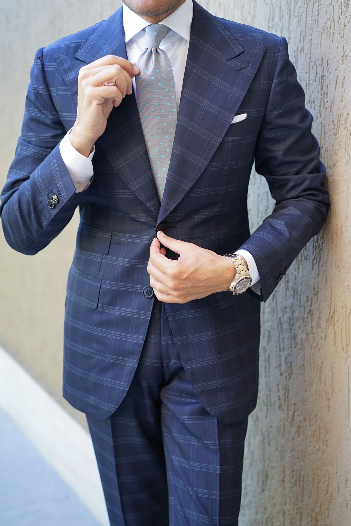 Grey with Mint Blue Polka Dots Necktie - Image 6