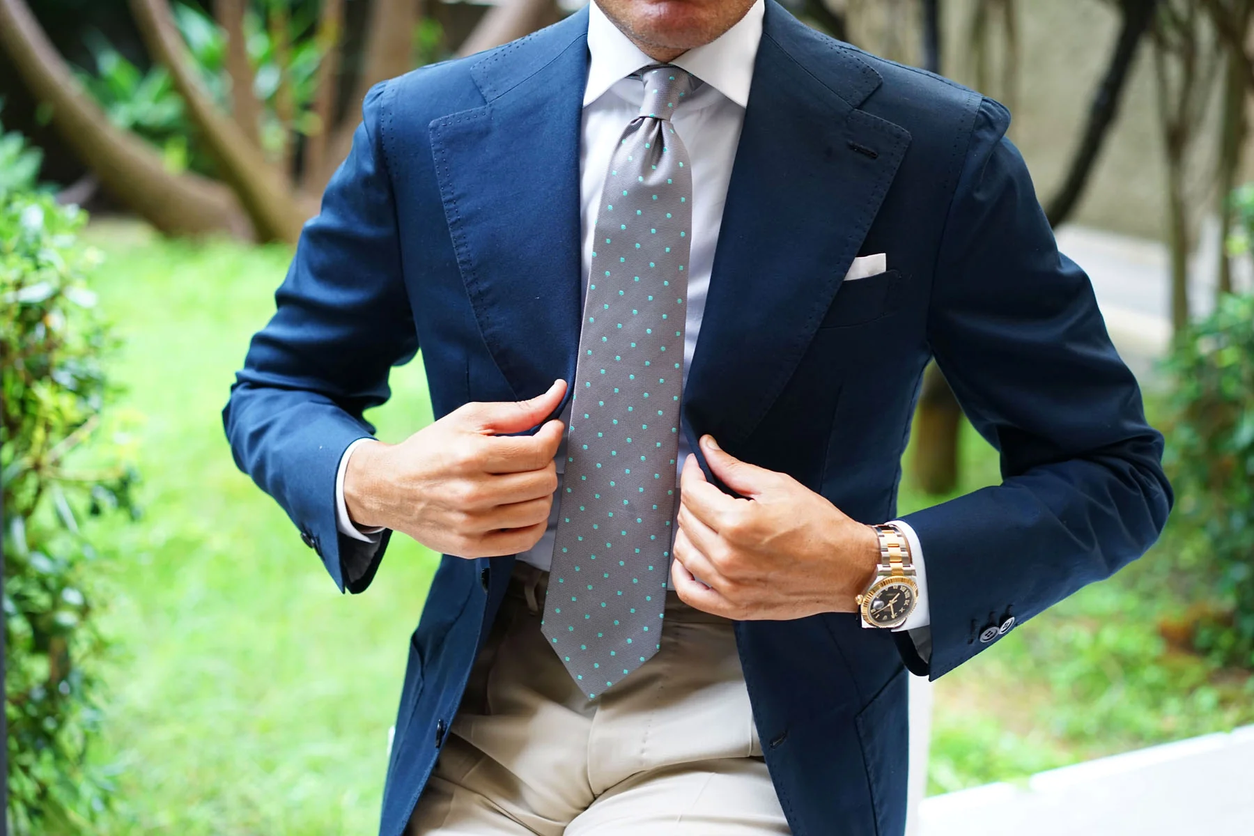 Grey with Mint Green Polka Dots Necktie - Image 5