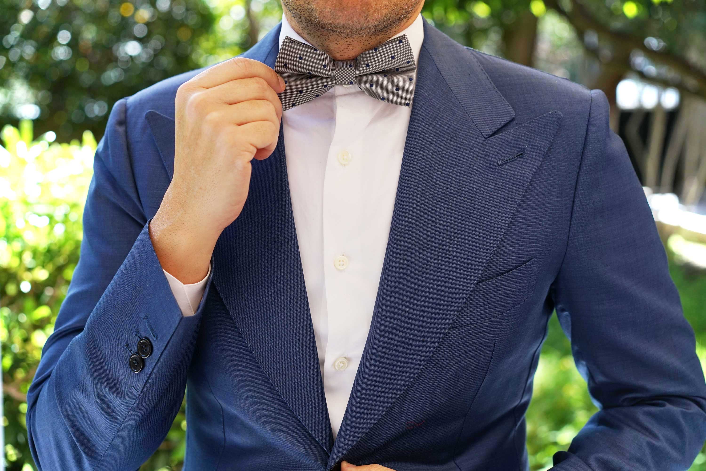 Grey with Oxford Navy Blue Polka Dots Bow Tie - Image 3
