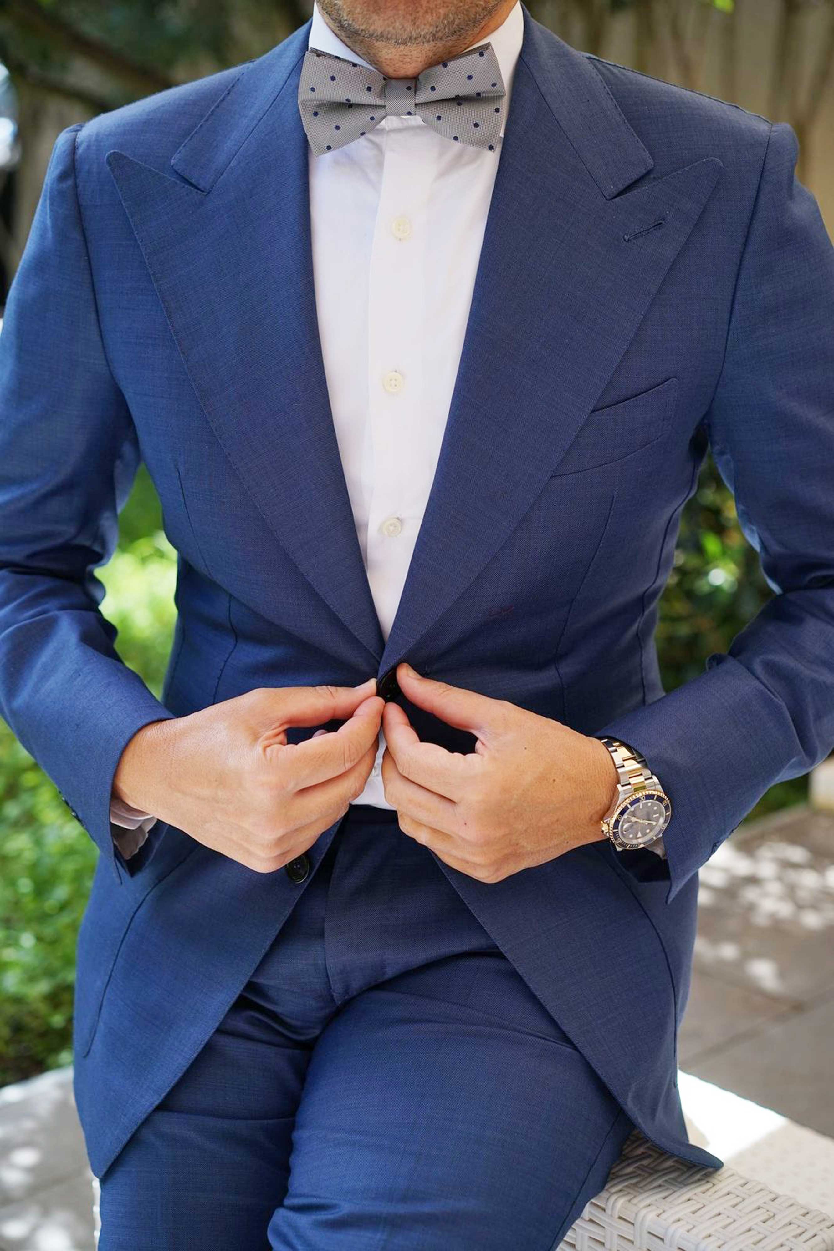 Grey with Oxford Navy Blue Polka Dots Bow Tie - Image 4