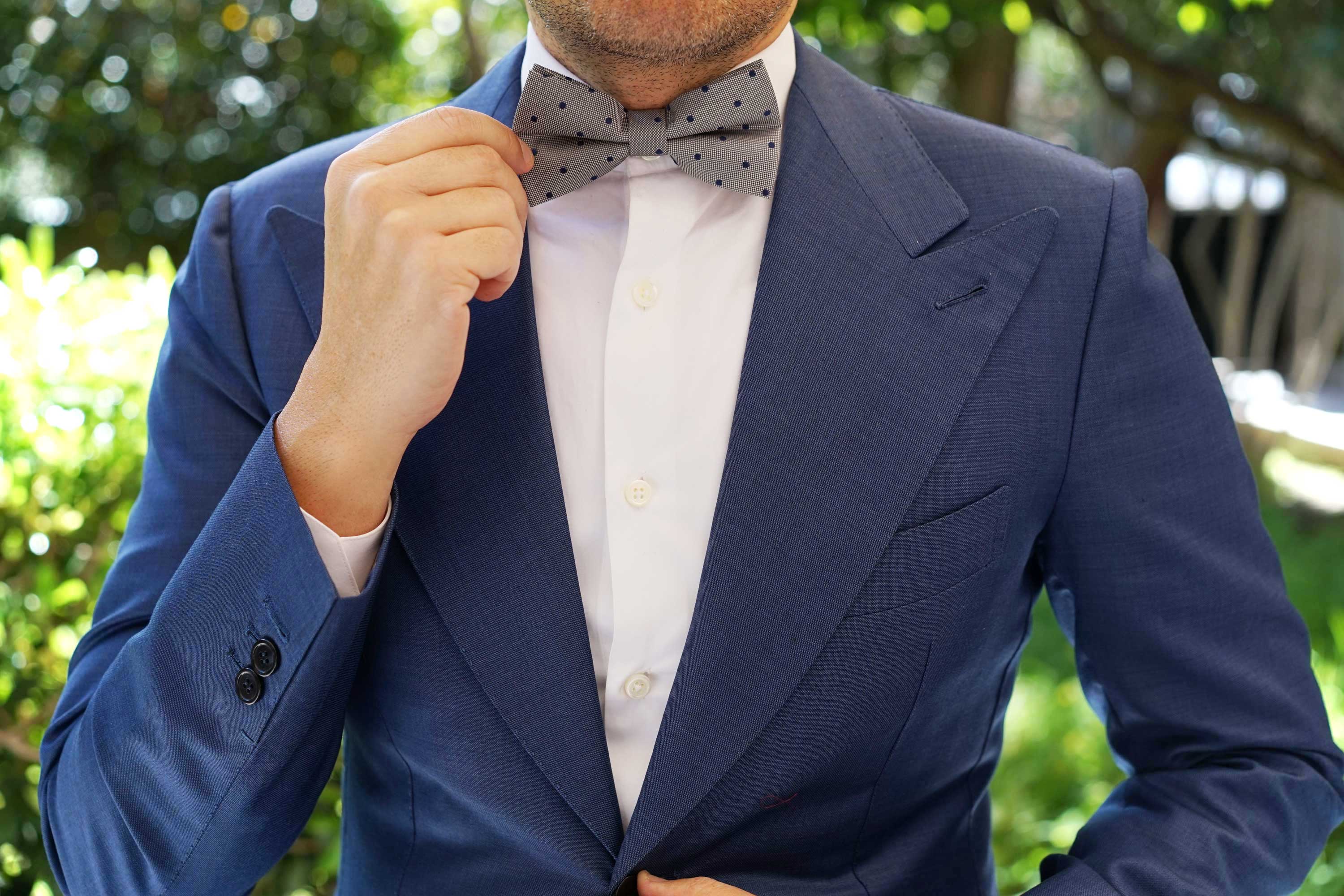 Grey with Oxford Navy Blue Polka Dots Bow Tie - Image 5