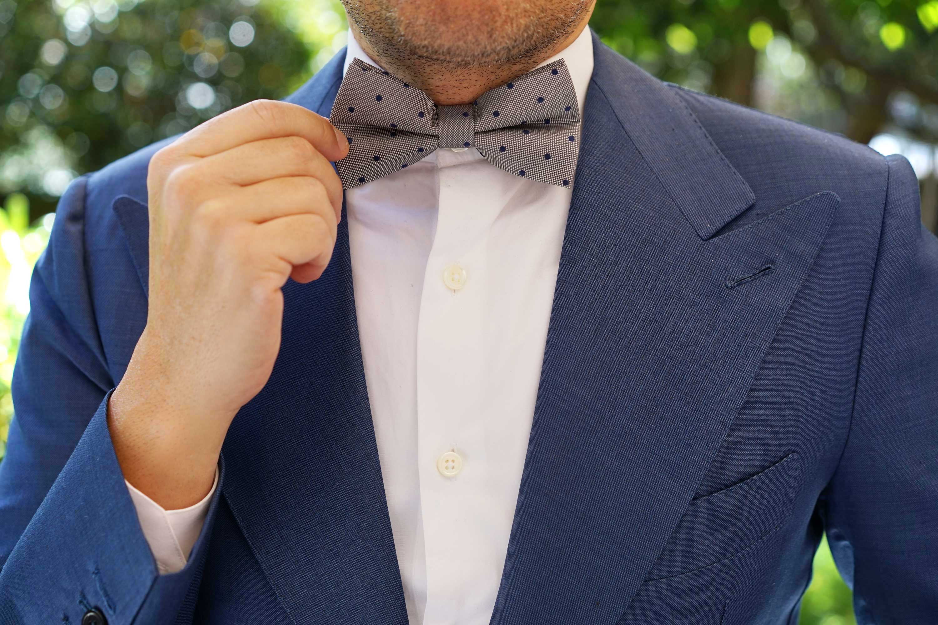 Grey with Oxford Navy Blue Polka Dots Bow Tie - Image 9