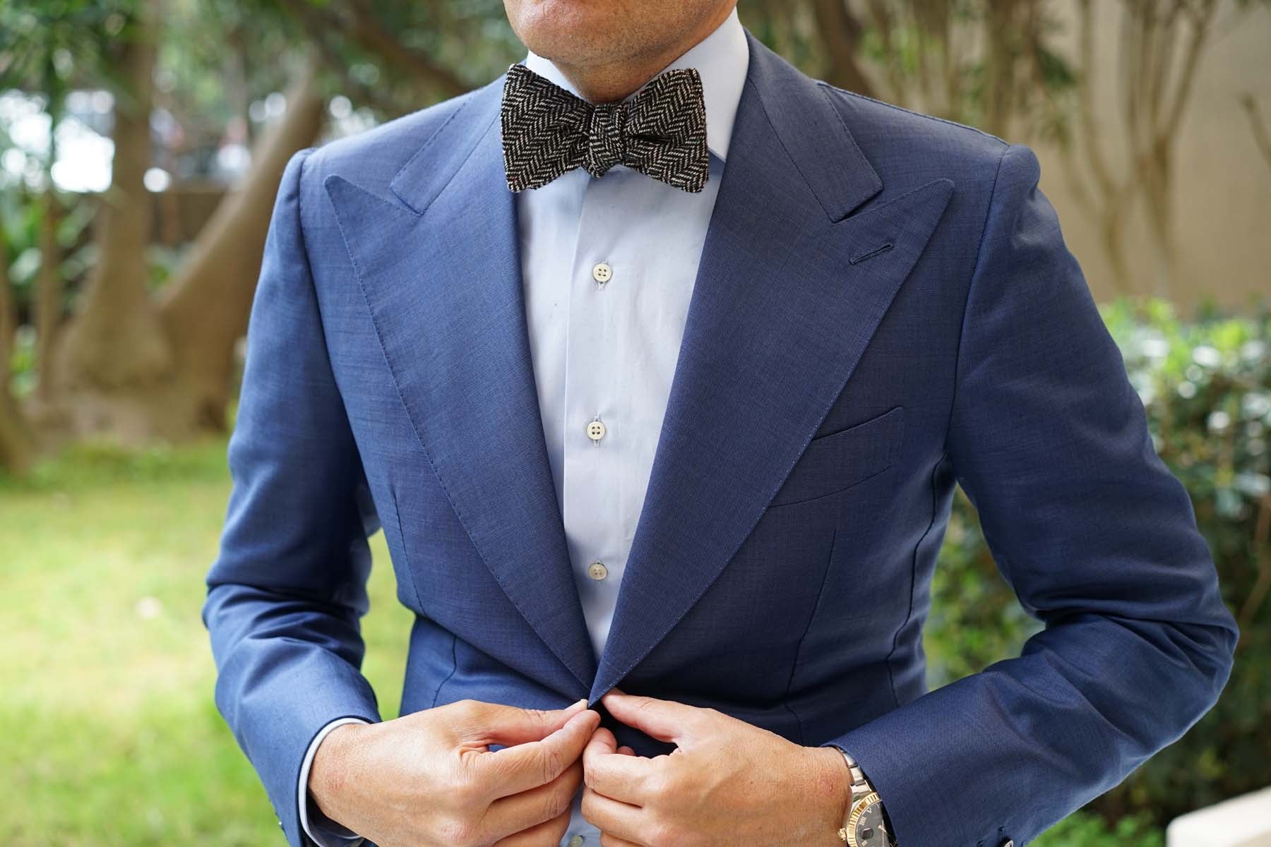 Herringbone Raven Black Wool Self Bow Tie - Image 4