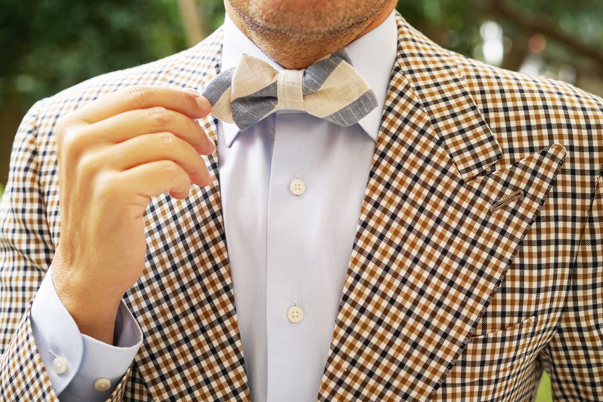 Kara Ada Light Blue Striped Linen Diamond Bow Tie - Image 6