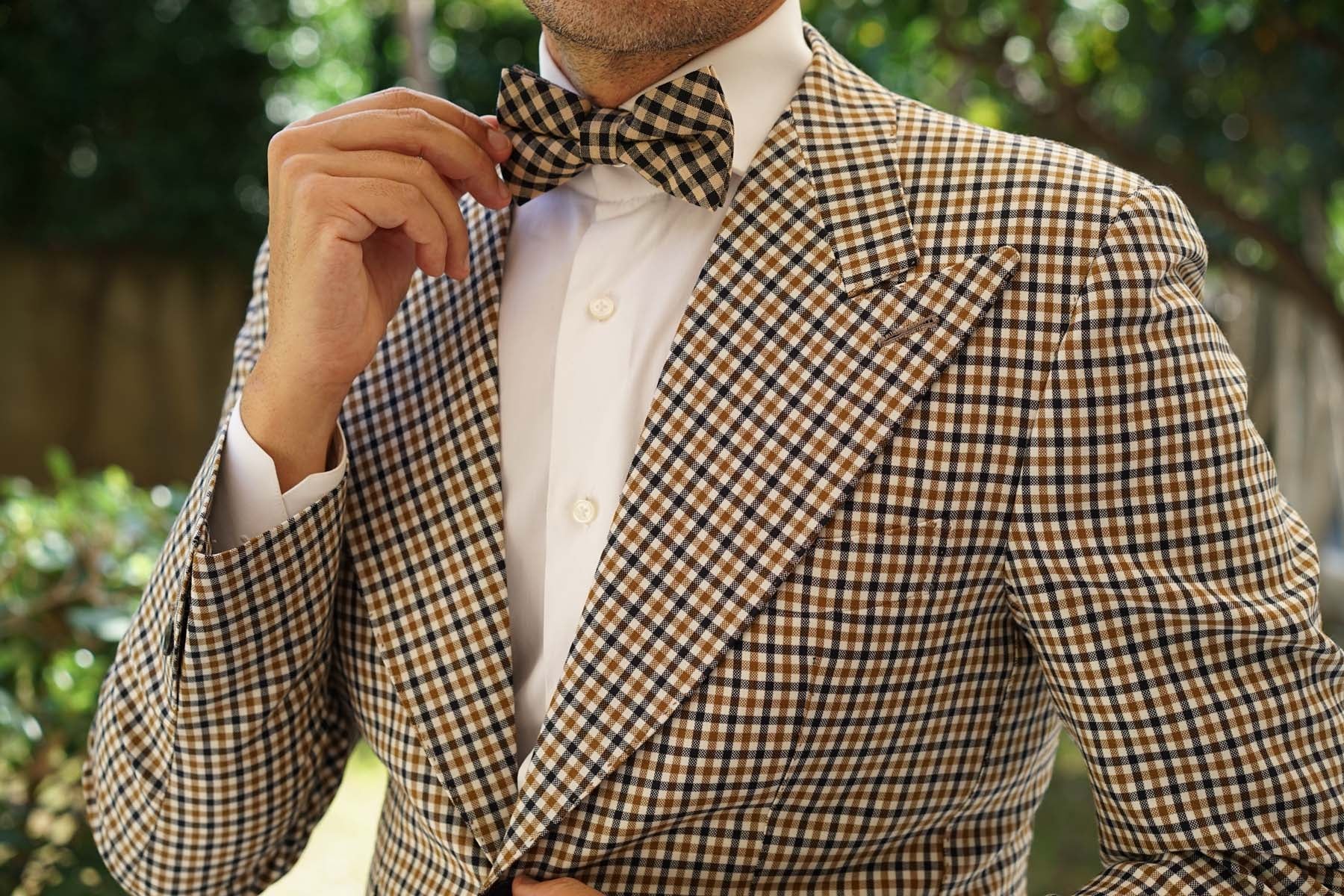 Khaki Black Gingham Blend Bow Tie - Image 3