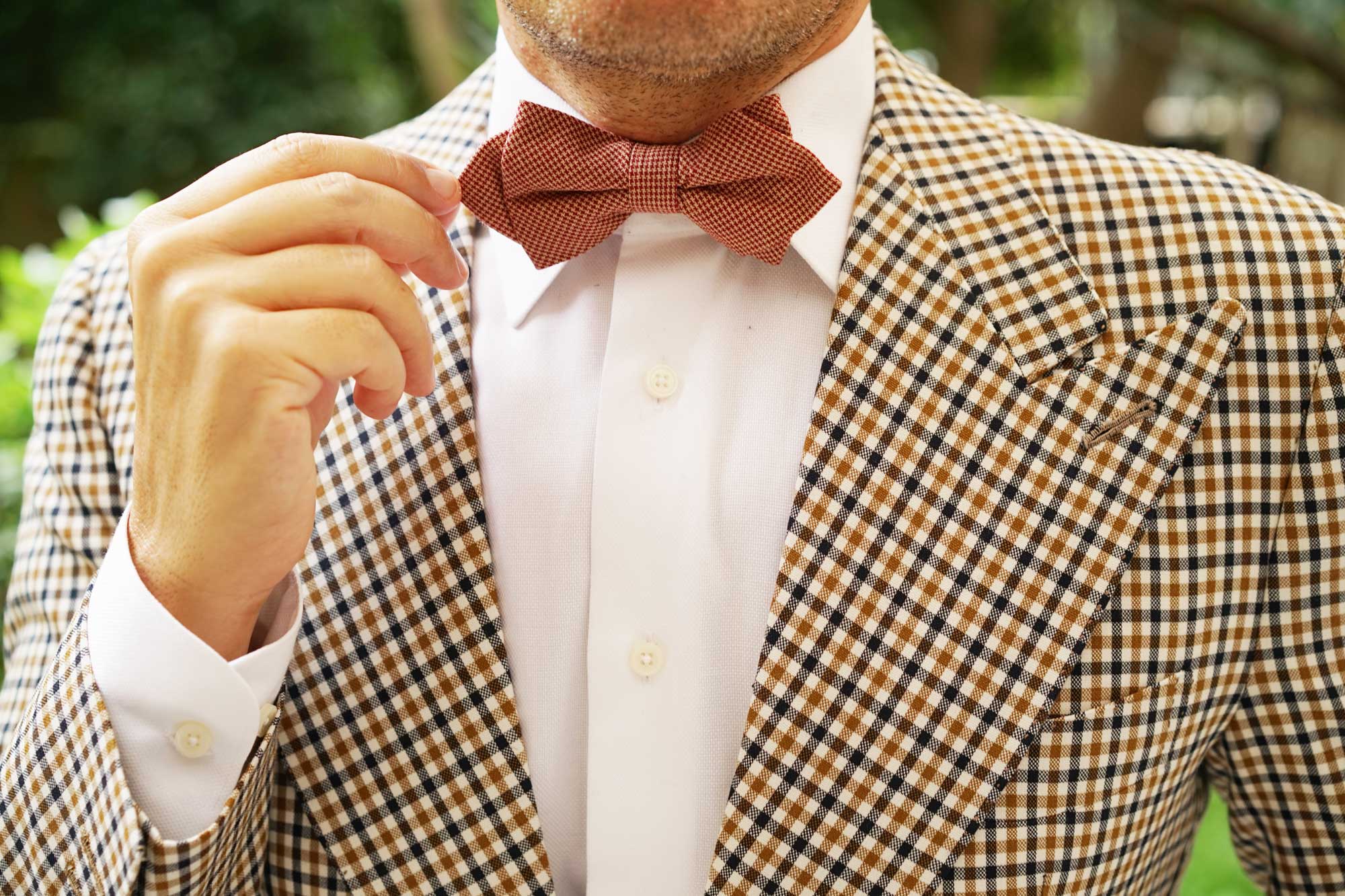 Khaki Red Houndstooth Blend Diamond Bow Tie - Image 6