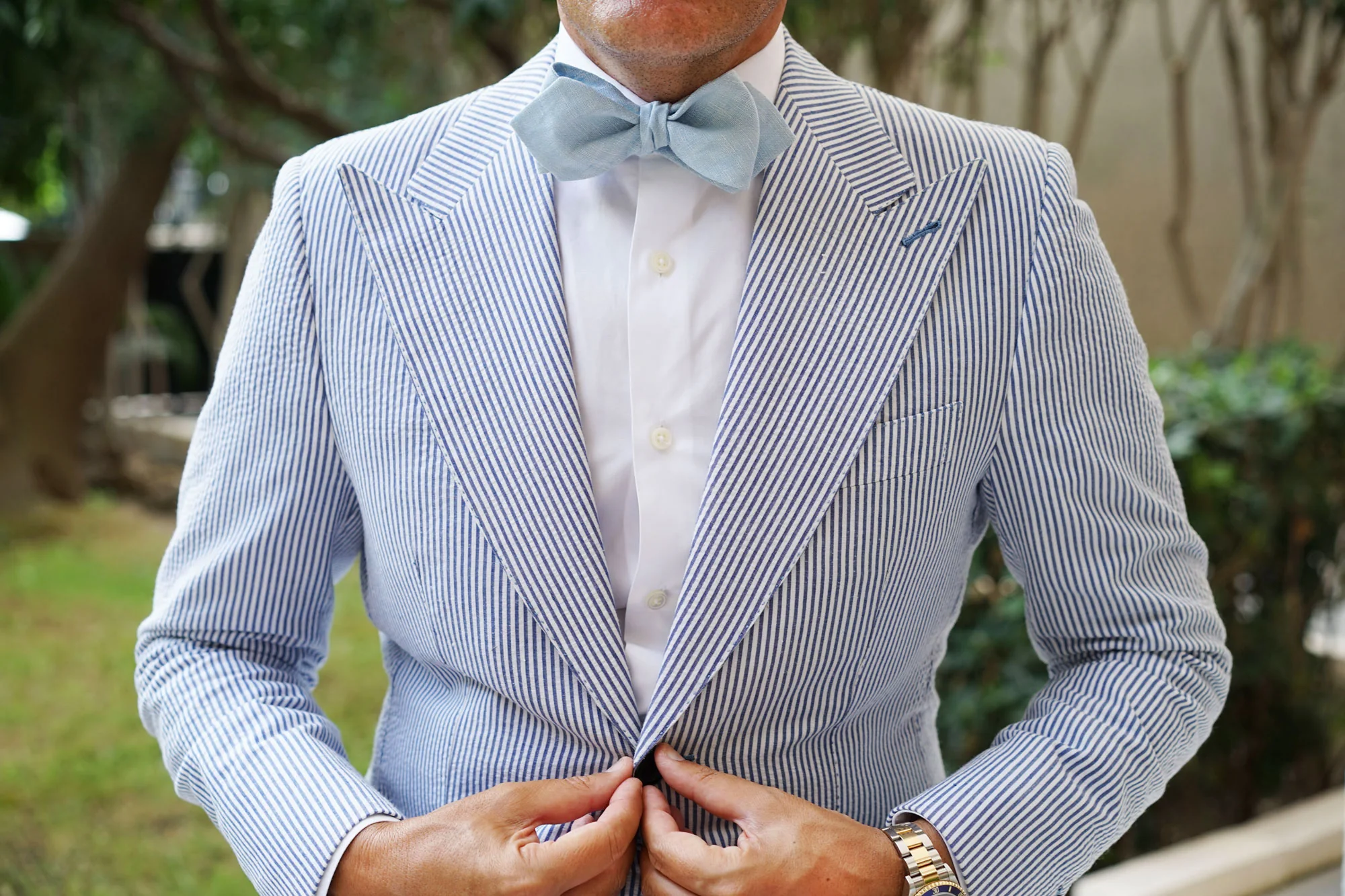 Light Blue Linen Chambray Self Tie Diamond Bow Tie - Image 6