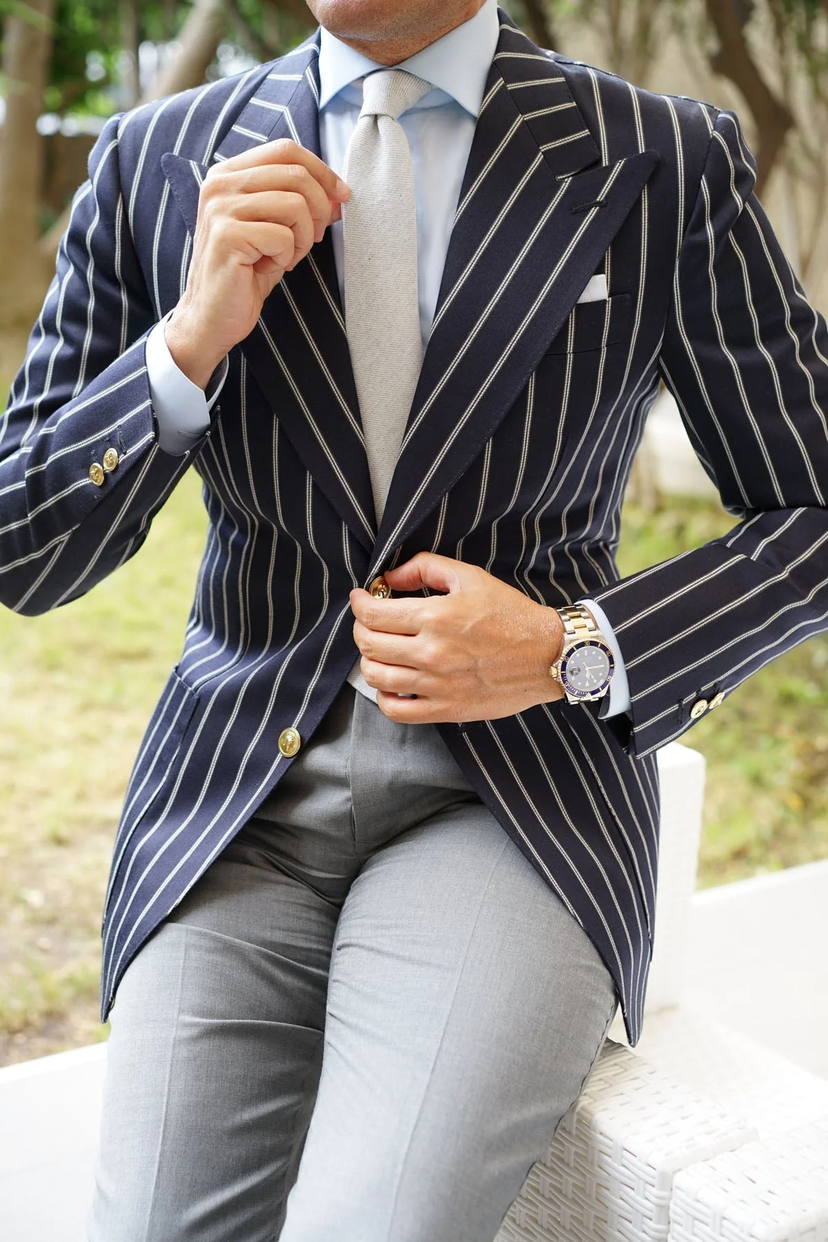 Light Grey Twill Stripe Linen Skinny Tie - Image 6