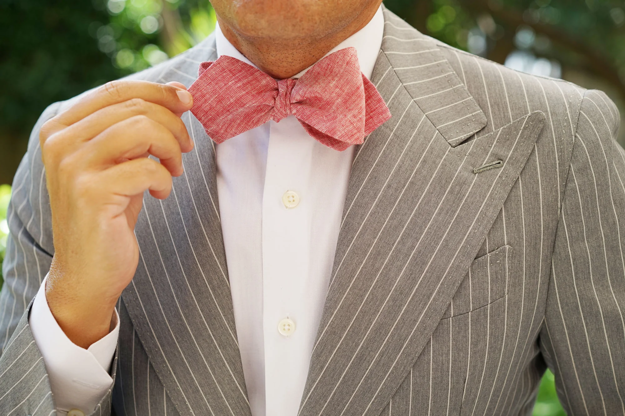 Light Red Chambray Linen Self Tie Diamond Bow Tie - Image 6
