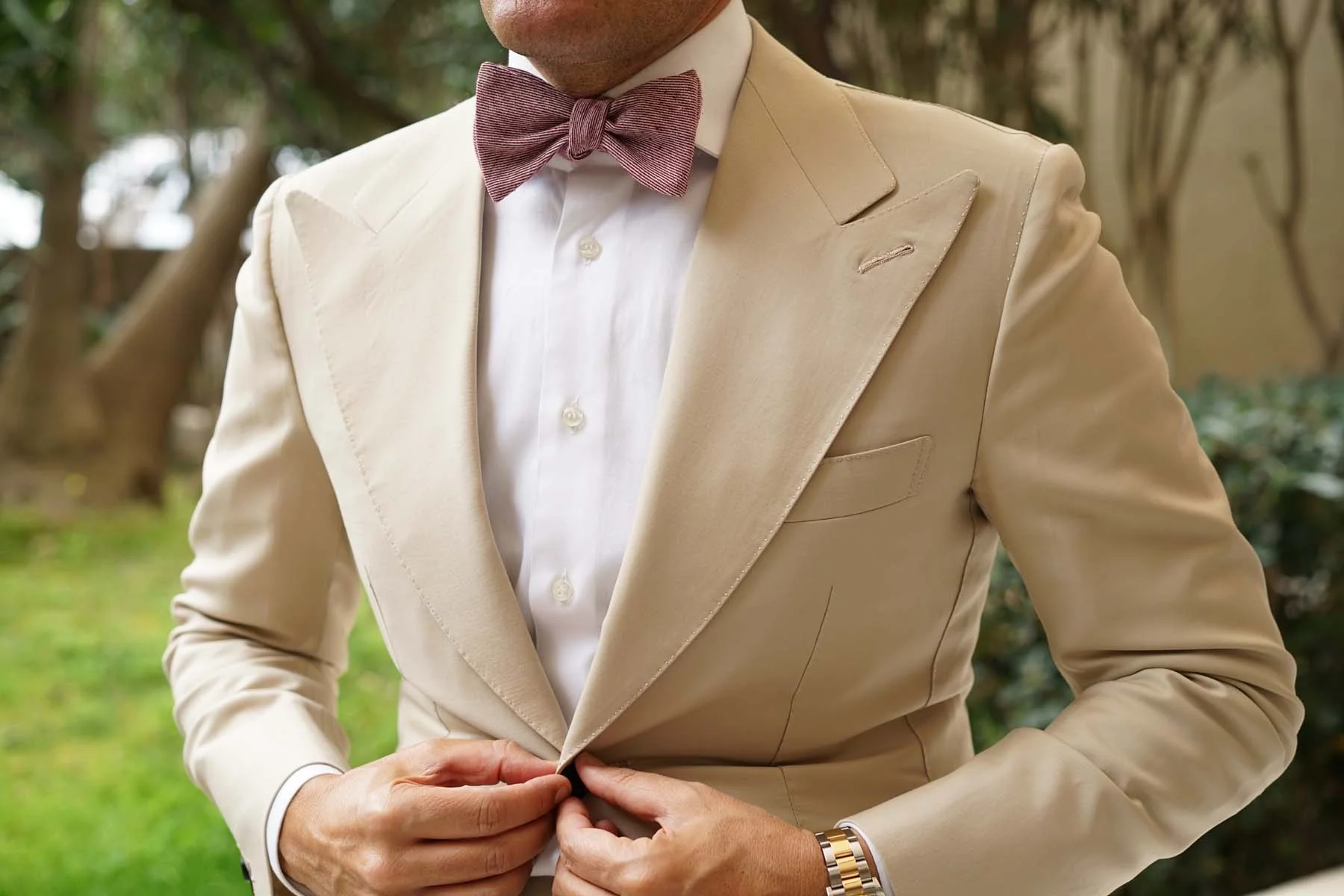 Maroon & White Twill Stripe Linen Self Tie Bow Tie - Image 5