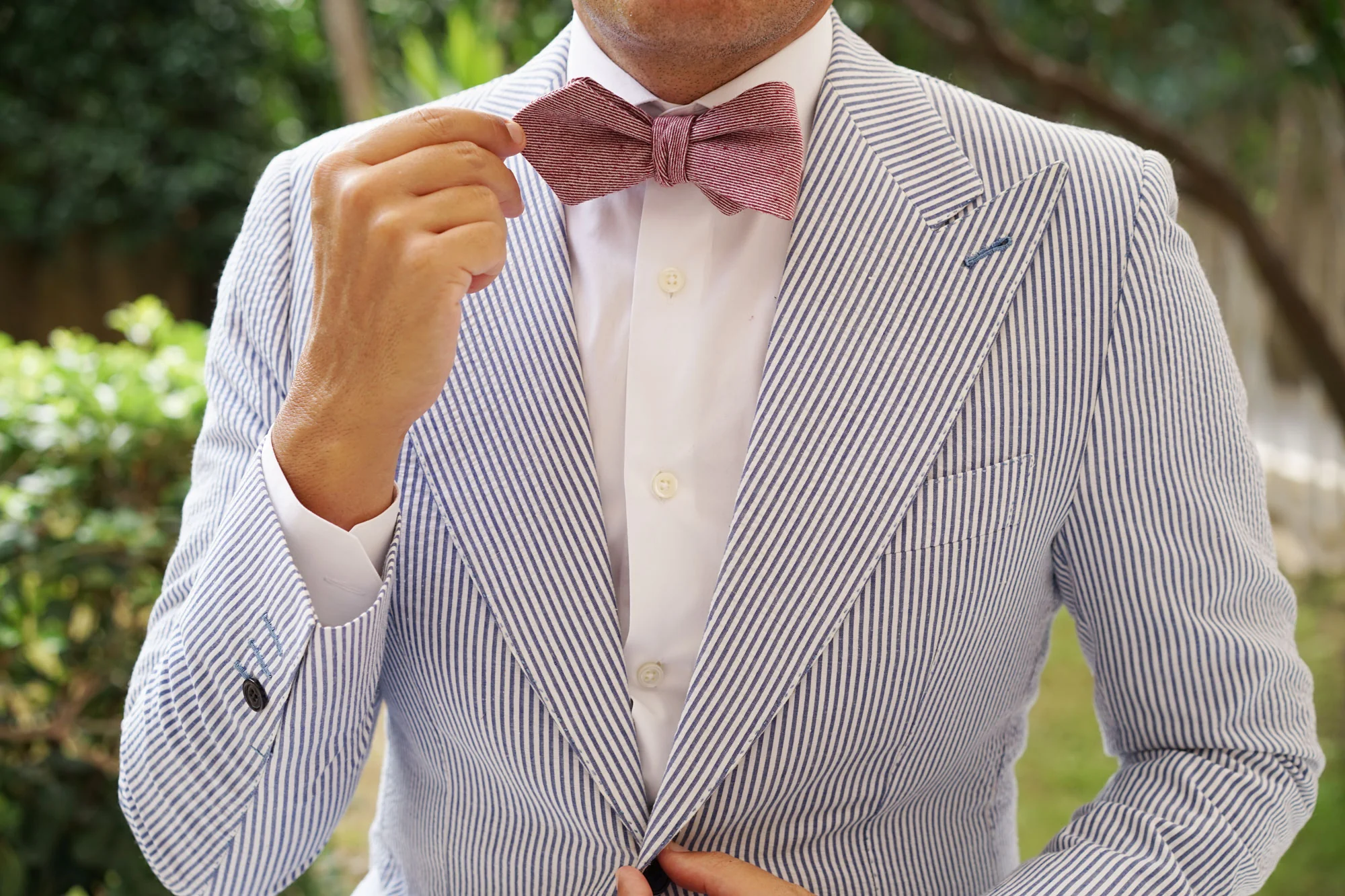 Maroon & White Twill Stripe Linen Self Tie Diamond Tip Bow Tie - Image 9