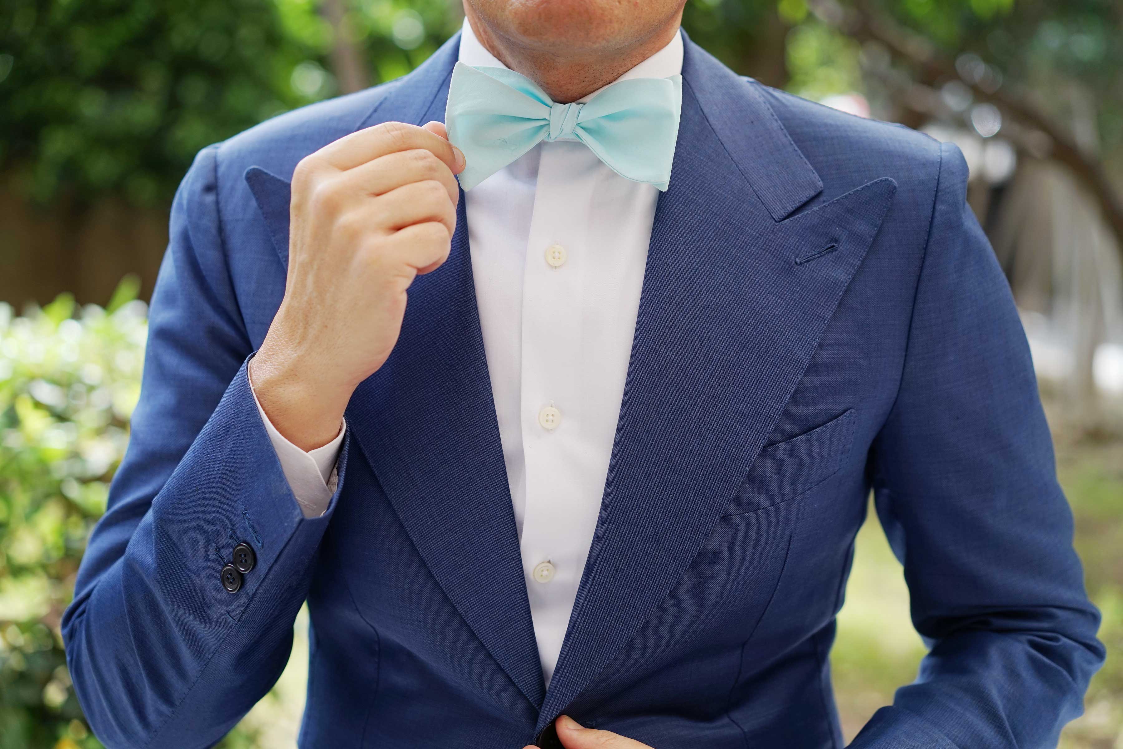 Mint Blue Cotton Self Tie Bow Tie - Image 6
