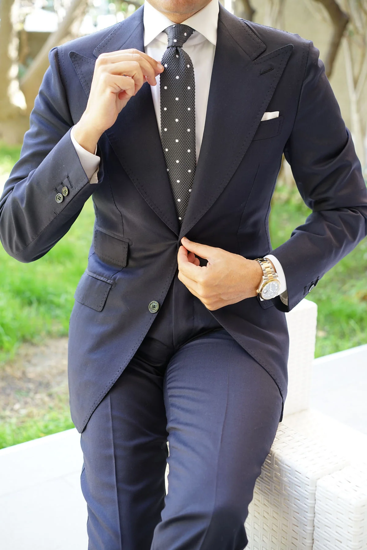 Mr. Mandela Charcoal Polkadot Knitted Tie - Image 7