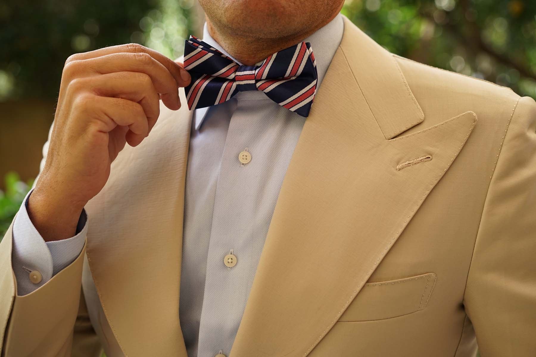 Navy Blue Bow Tie with Red Stripes - Image 5