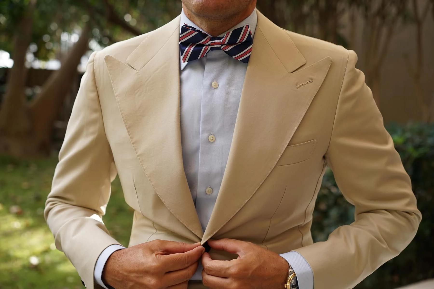 Navy Blue Bow Tie with Red Stripes - Image 7