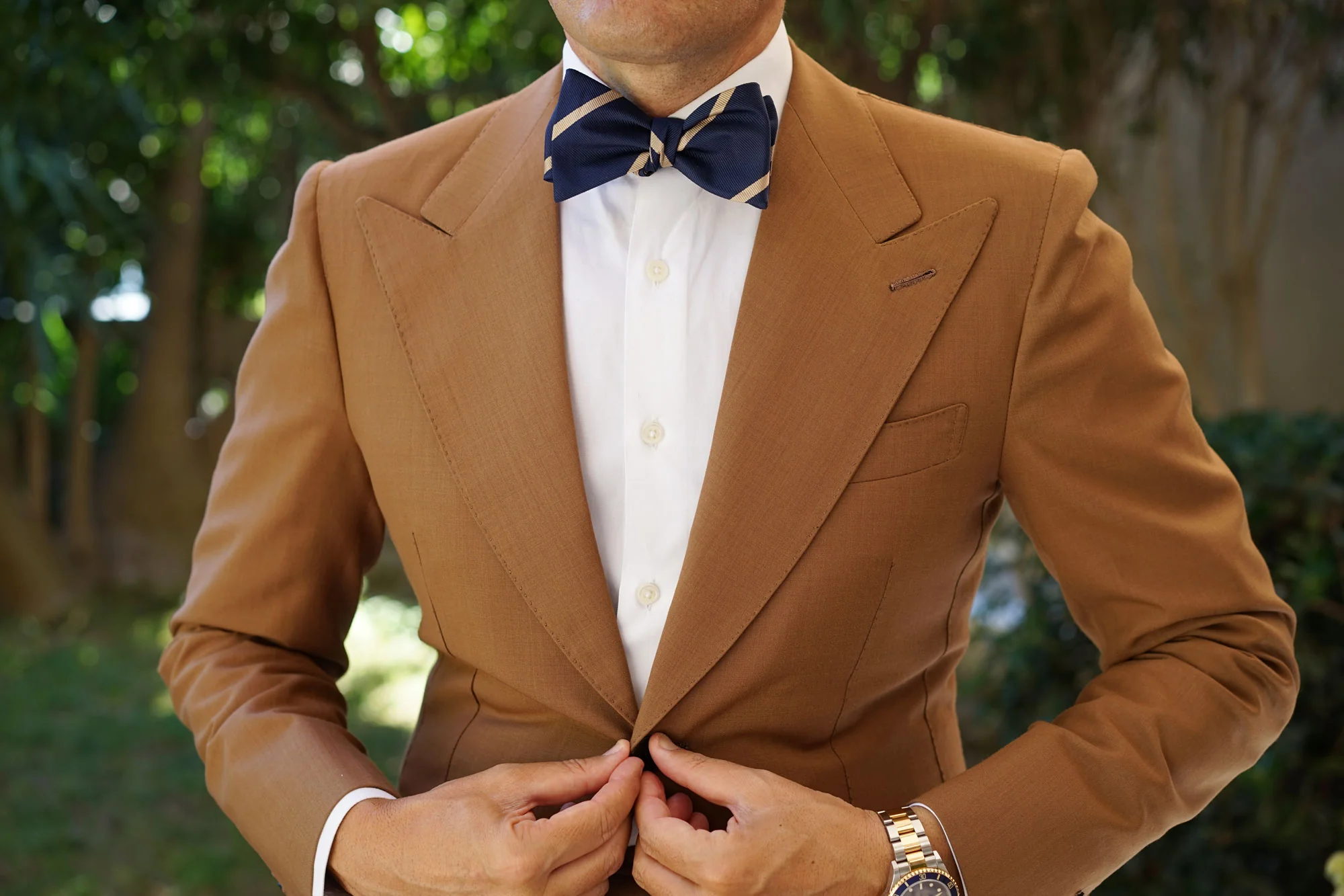 Navy Blue Champagne Gold Striped Self Bow Tie - Image 4