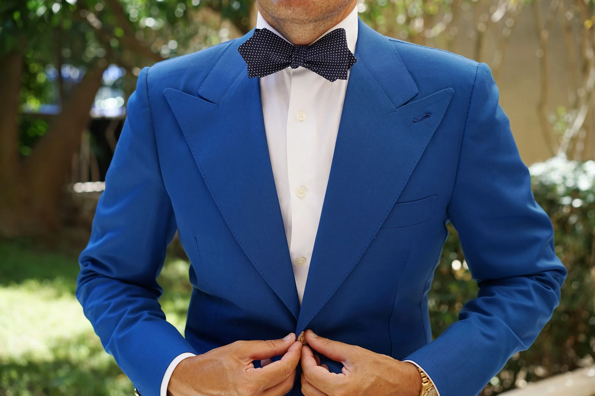 Navy Blue Cotton with White Mini Polka Dots Self Tie Diamond Tip Bow Tie - Image 6