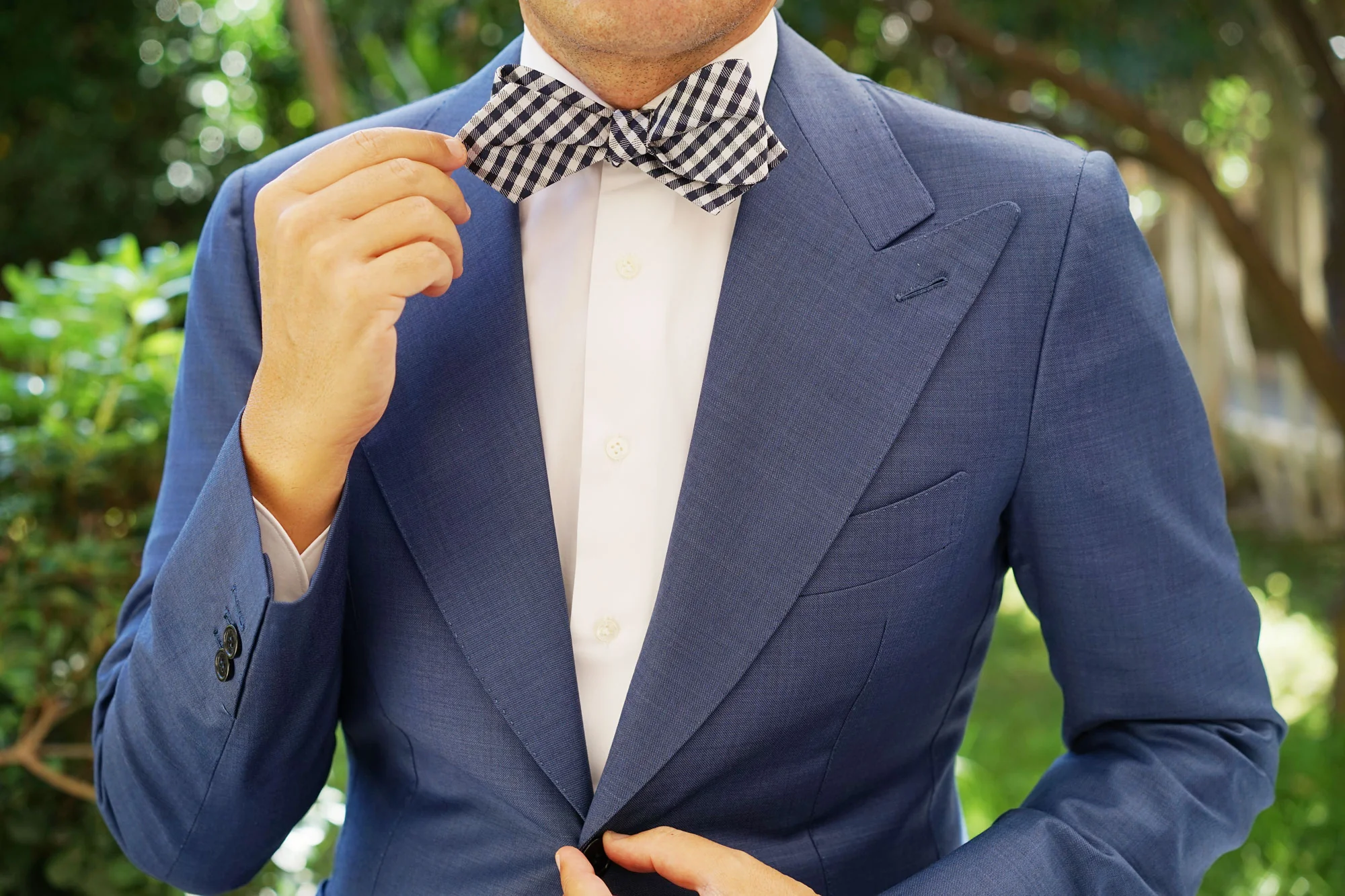 Navy Blue Gingham Self Tie Diamond Tip Bow Tie - Image 8