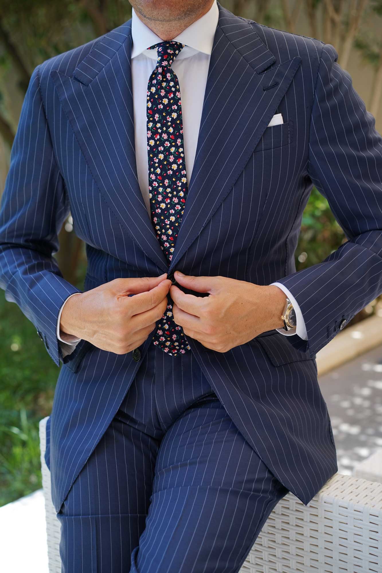 Navy Blue Liberty Floral Flower Skinny Tie - Image 9