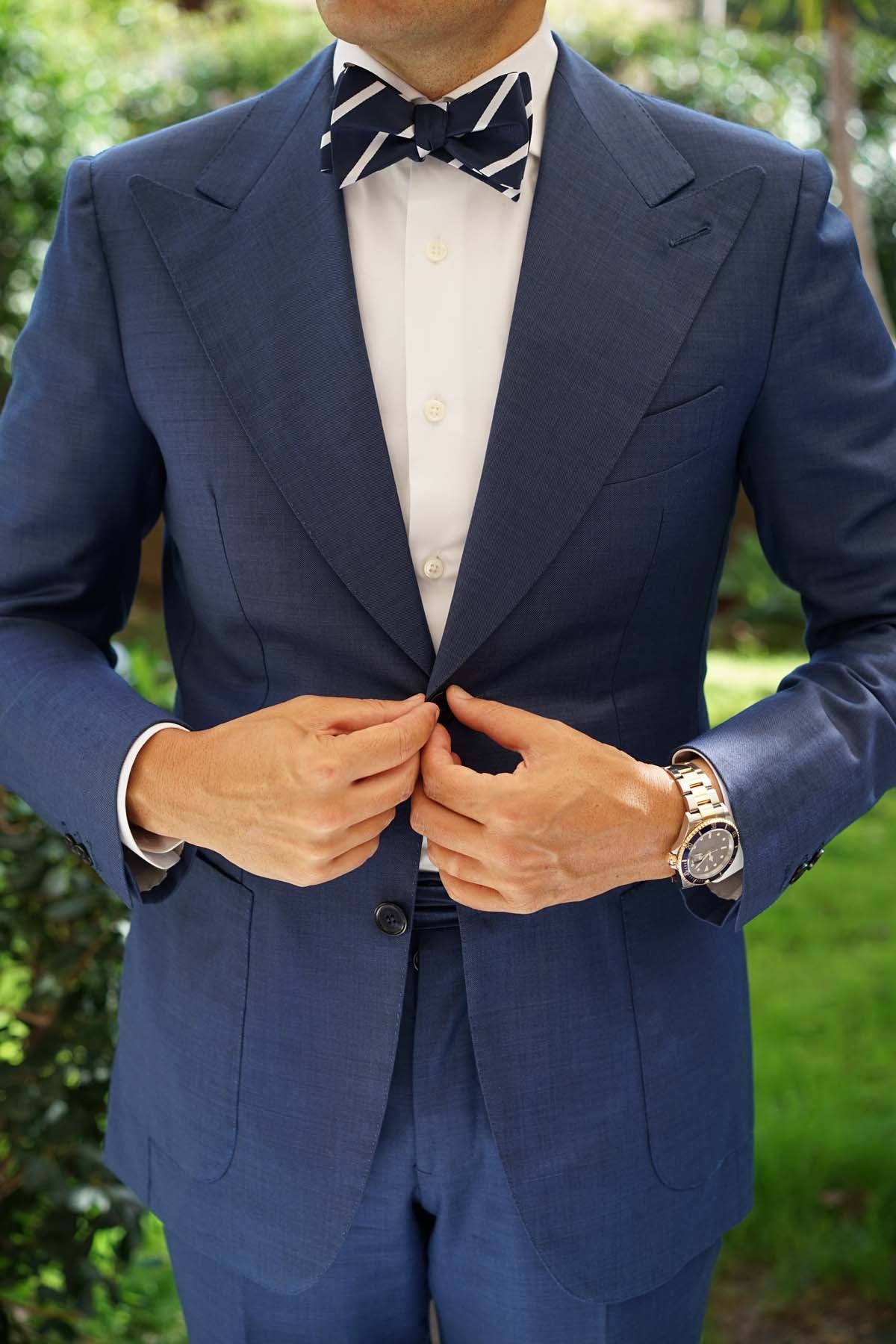 Navy Blue Pencil Stripe Self Bow Tie - Image 5