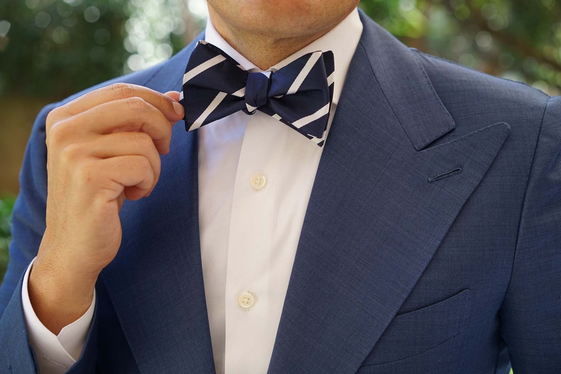 Navy Blue Pencil Stripe Self Bow Tie - Image 7
