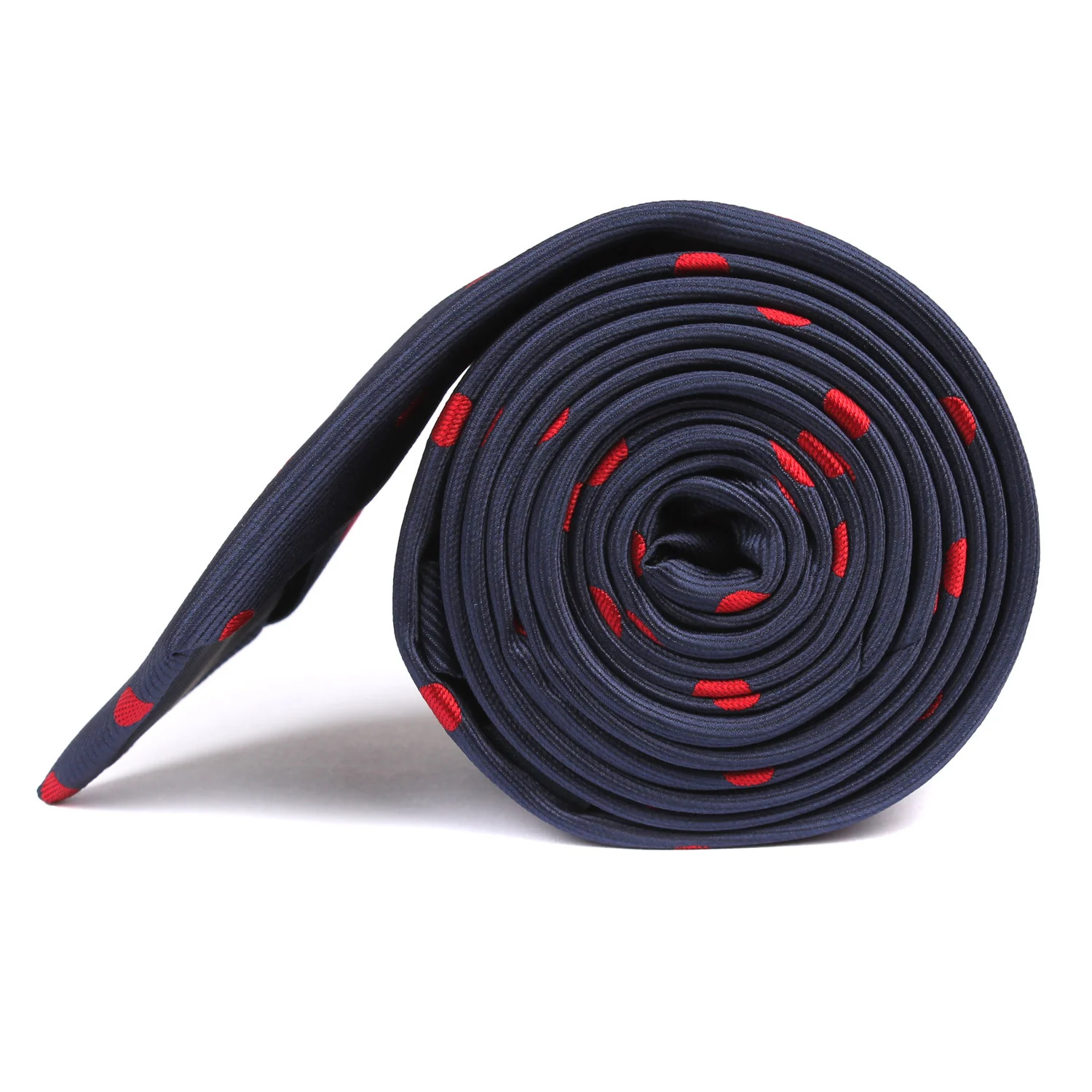 Navy Blue Skinny Tie with Red Polka Dots - Image 3