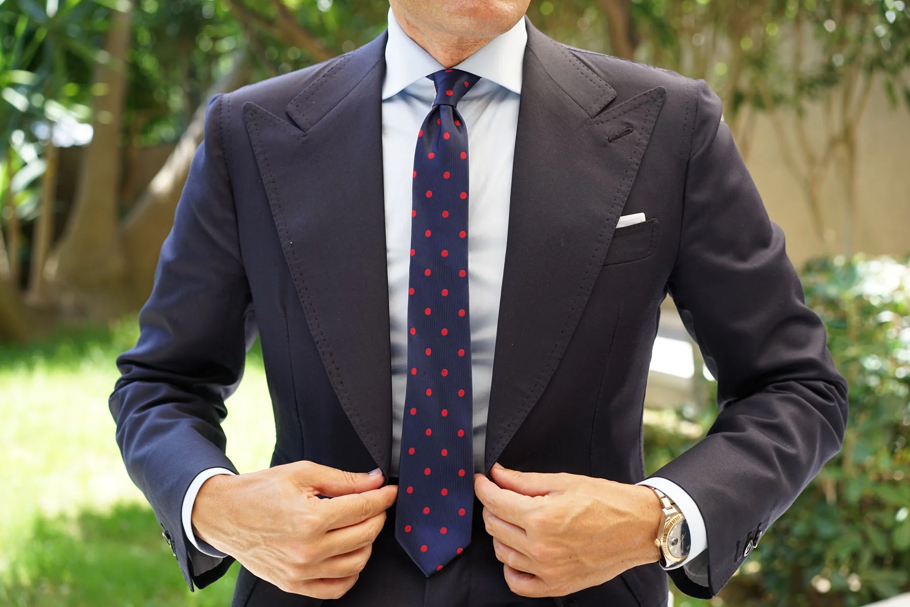 Navy Blue Skinny Tie with Red Polka Dots - Image 5
