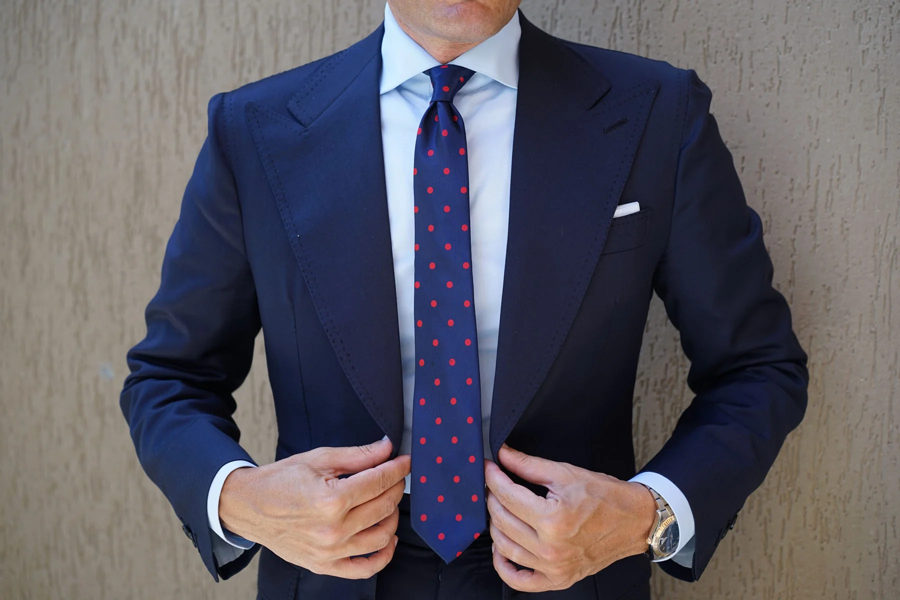 Navy Blue Skinny Tie with Red Polka Dots - Image 7
