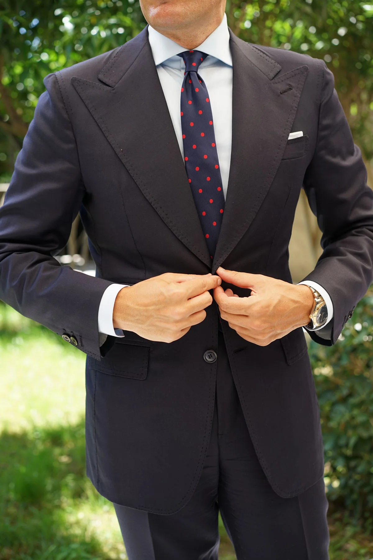 Navy Blue Skinny Tie with Red Polka Dots - Image 8