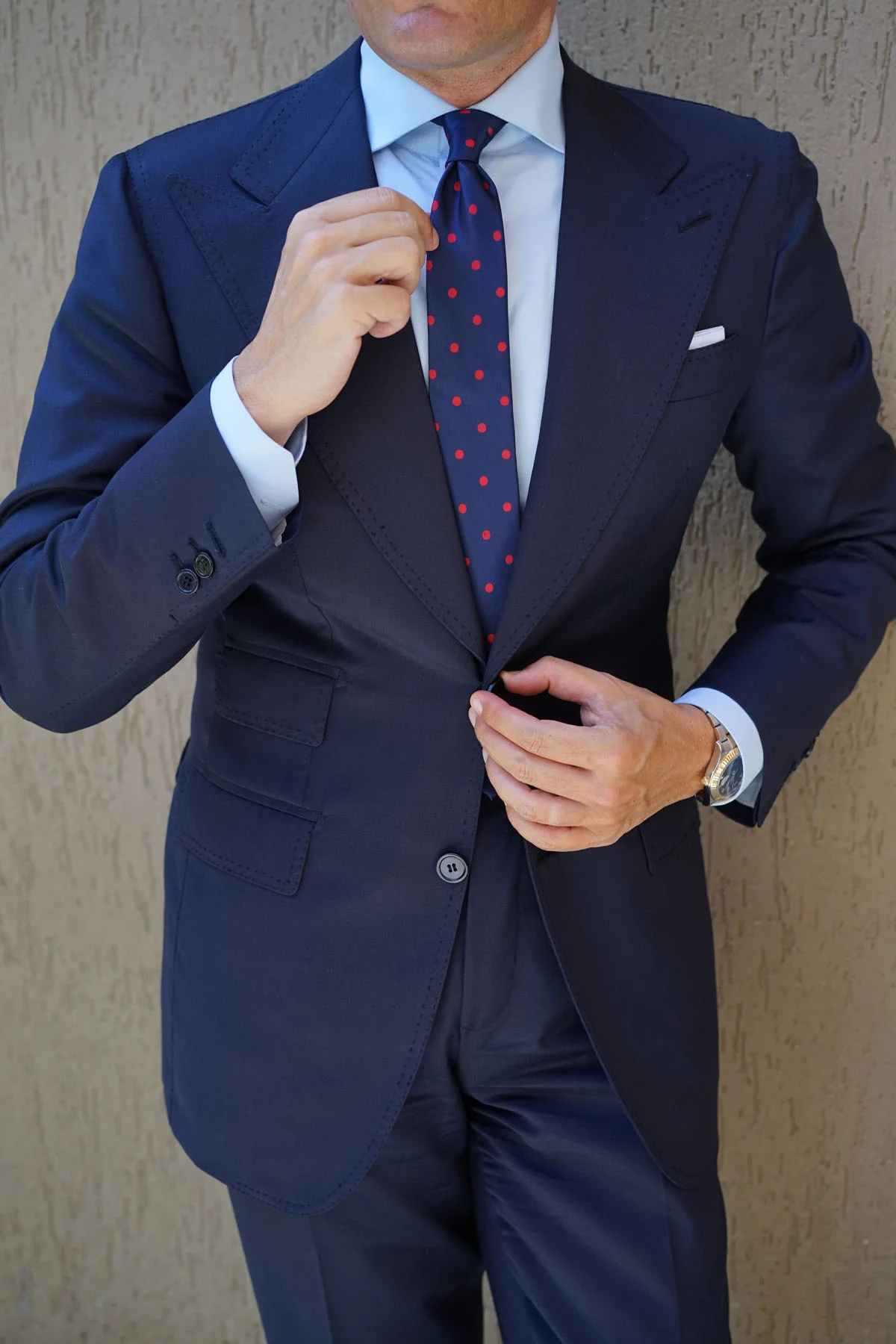 Navy Blue Skinny Tie with Red Polka Dots - Image 9