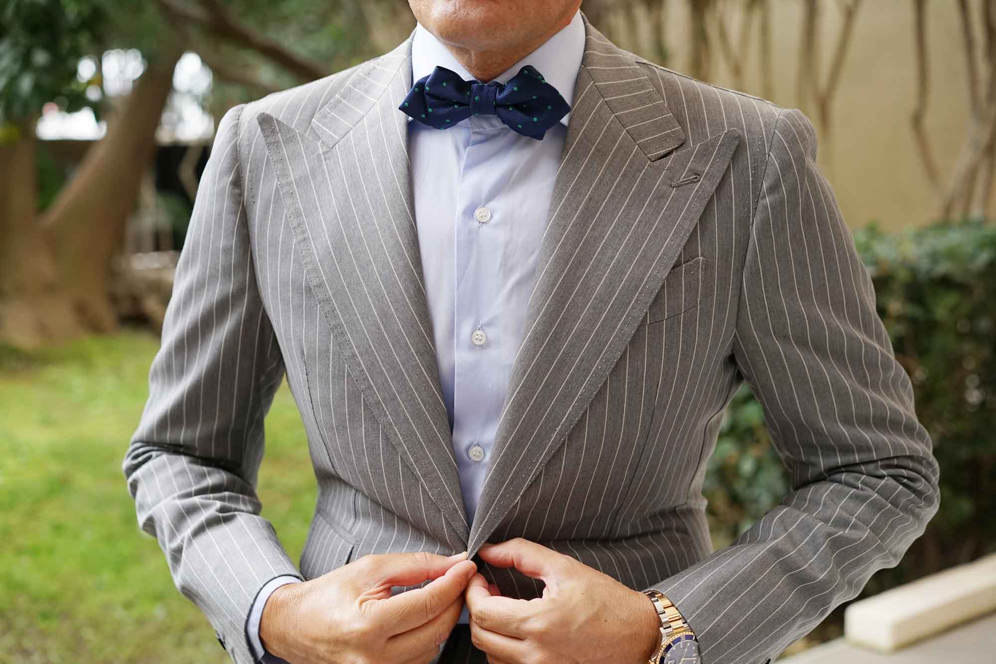 Navy Blue with Green Polka Dots Diamond Bow Tie - Image 6