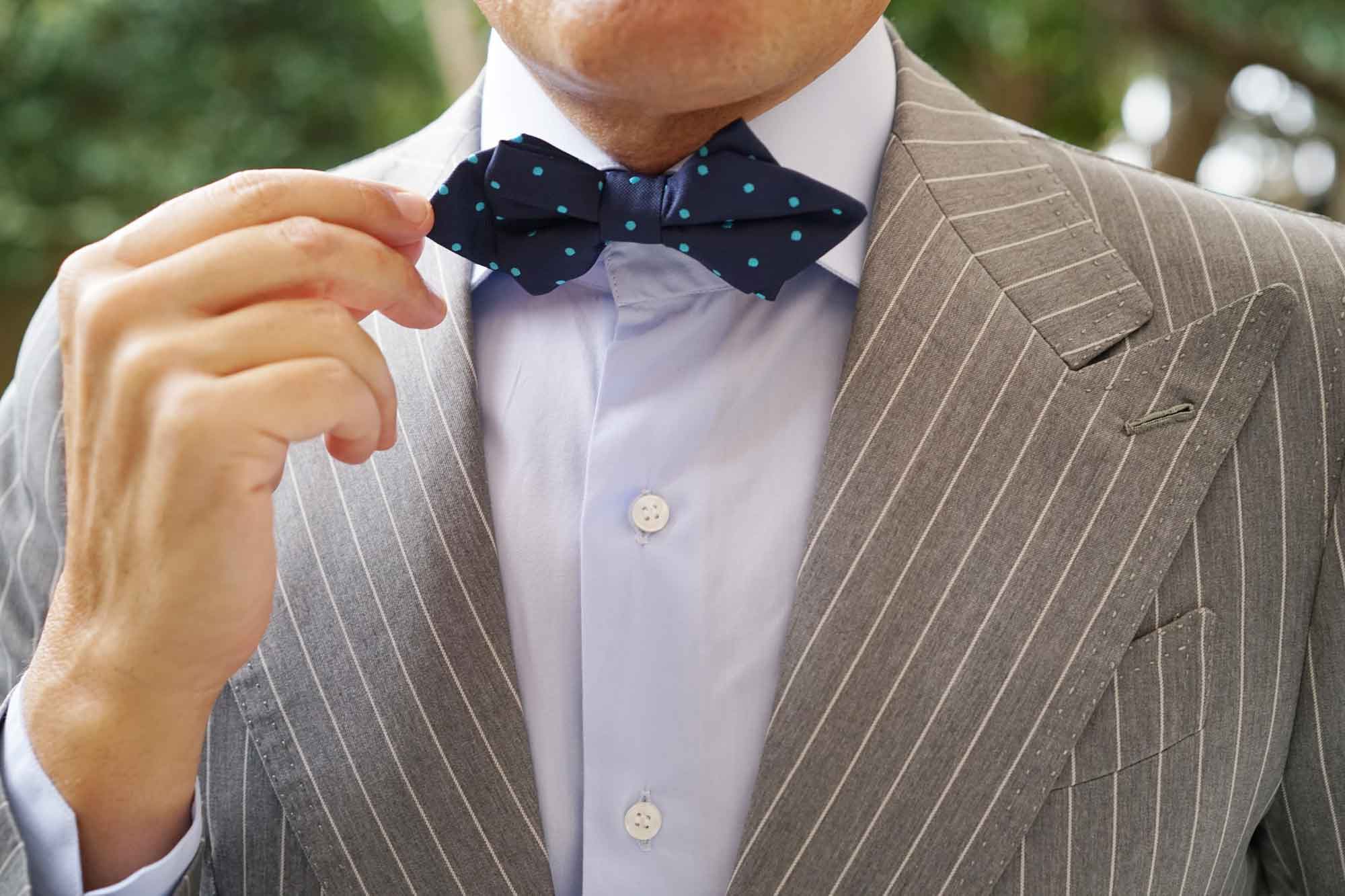 Navy Blue with Mint Blue Polka Dots Diamond Bow Tie - Image 10