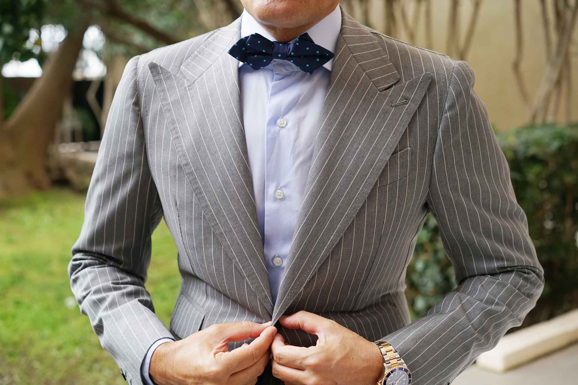 Navy Blue with Mint Blue Polka Dots Diamond Bow Tie - Image 6