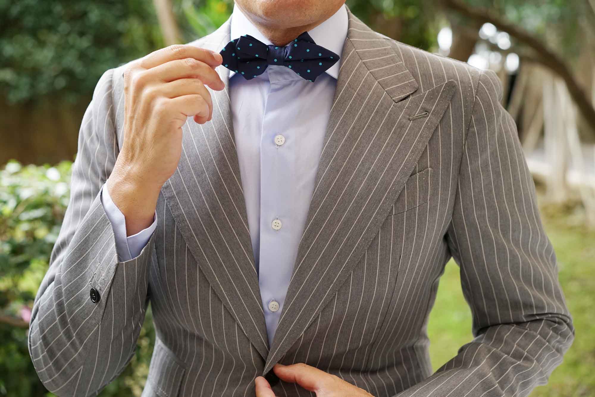 Navy Blue with Mint Blue Polka Dots Diamond Bow Tie - Image 7