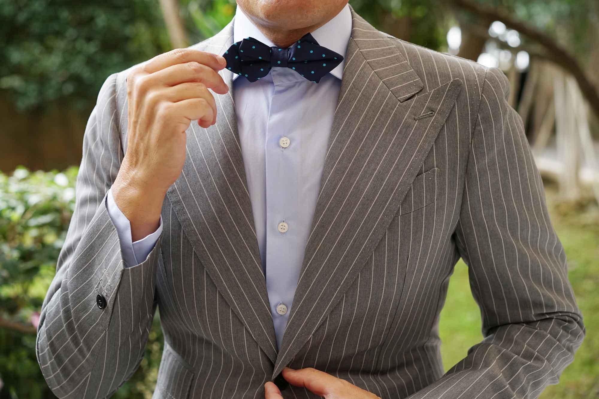 Navy Blue with Mint Blue Polka Dots Diamond Bow Tie - Image 8